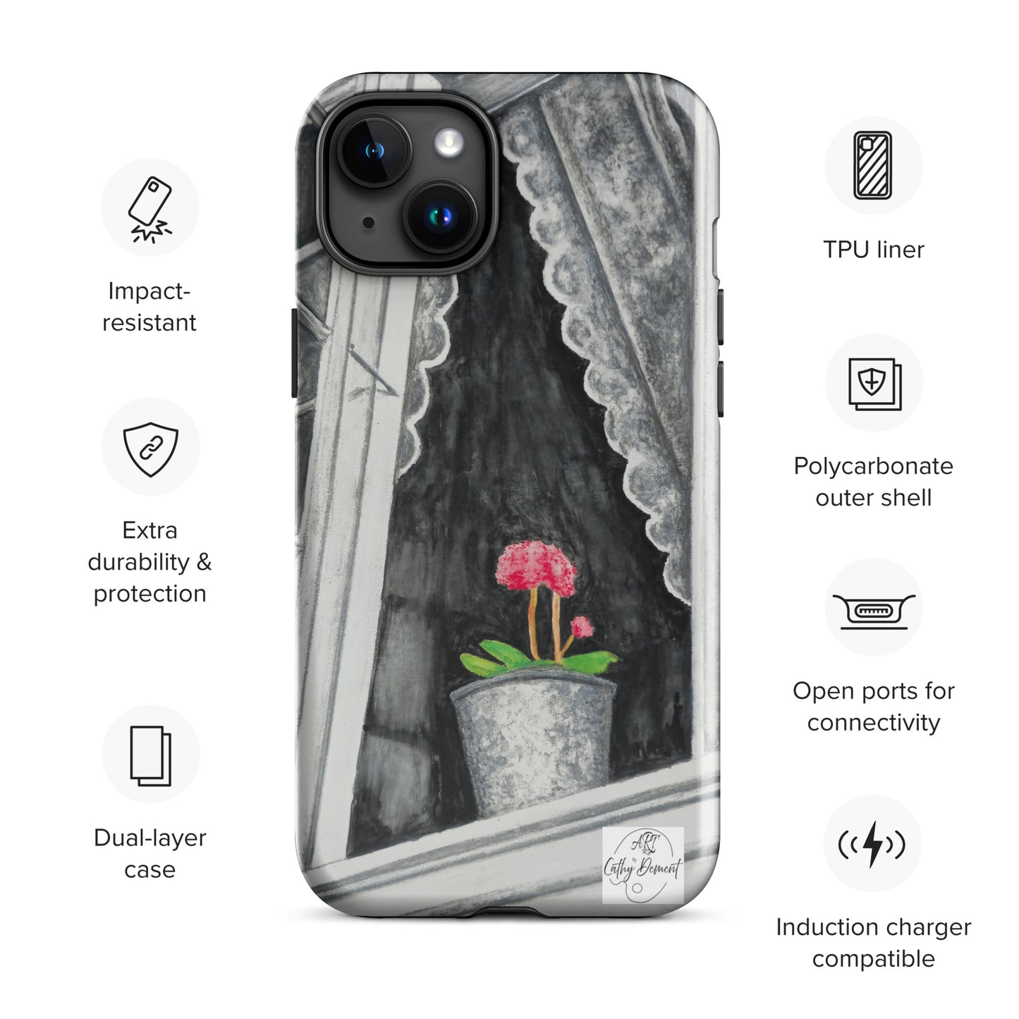 Tough iPhone Case - Norway Monochrome Window Portrait with Pink Flower Artwork by Cathy Dement