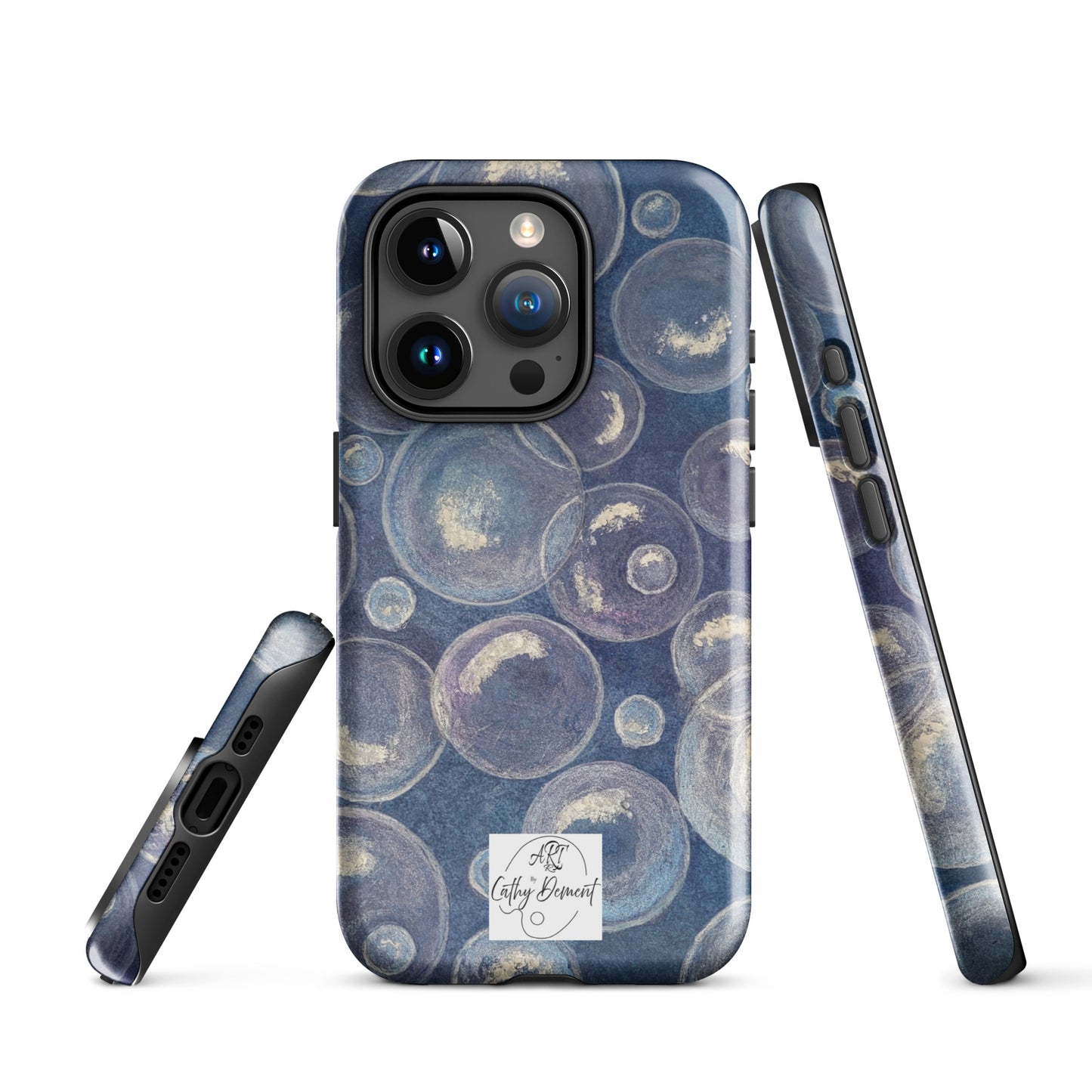 Tough Phone Case for iPhone® - Tranquil Reflections: Blue and White Bubbles Artwork Design