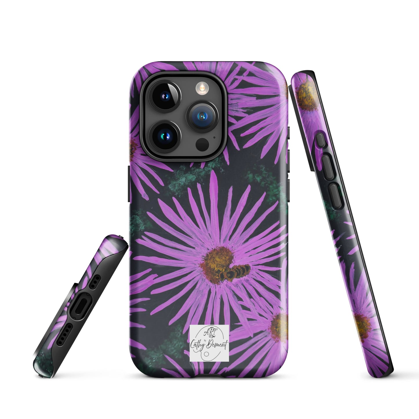 Tough Phone Case for iPhone® - Purple Aster Flowers With Bee Artwork Design