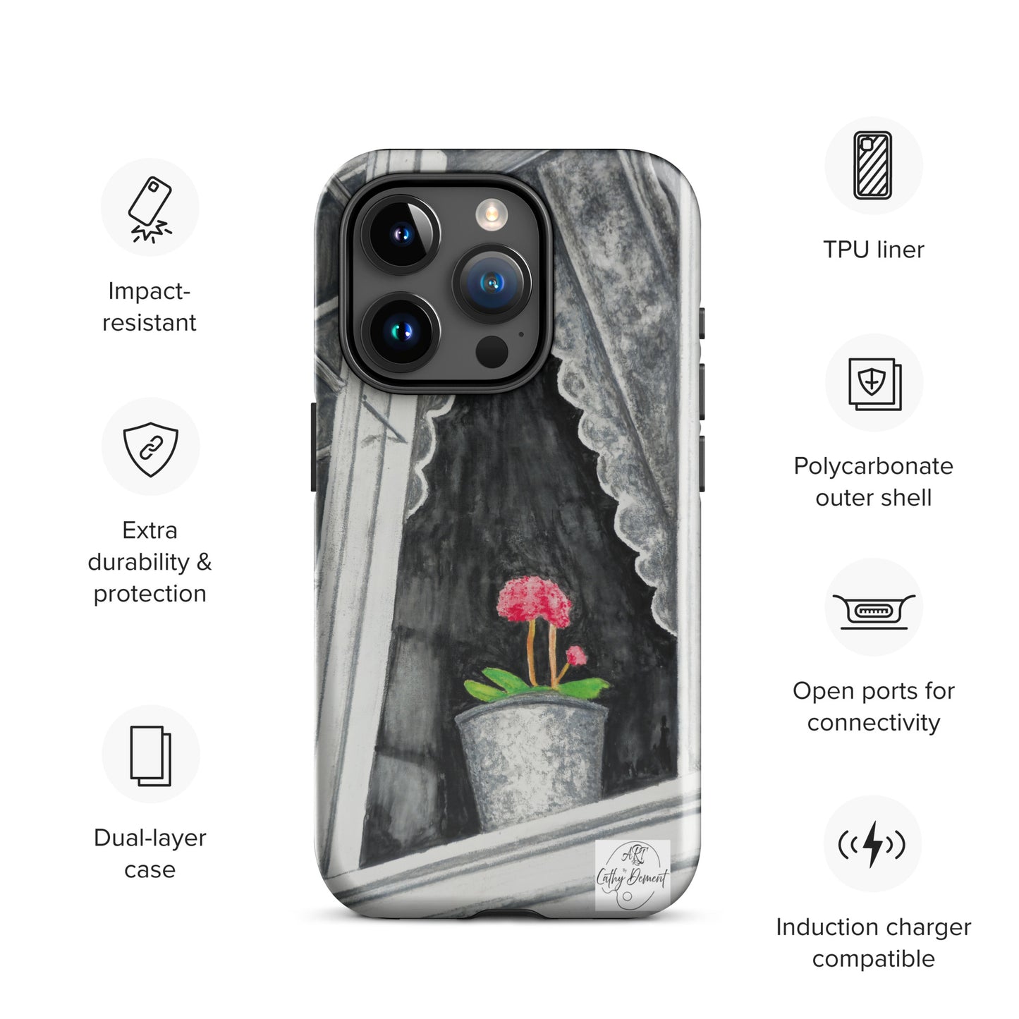 Tough iPhone Case - Norway Monochrome Window Portrait with Pink Flower Artwork by Cathy Dement