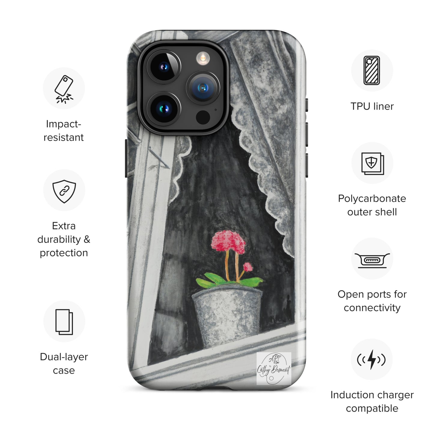 Tough iPhone Case - Norway Monochrome Window Portrait with Pink Flower Artwork by Cathy Dement