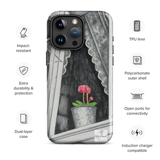 Tough iPhone Case - Norway Monochrome Window Portrait with Pink Flower Artwork by Cathy Dement