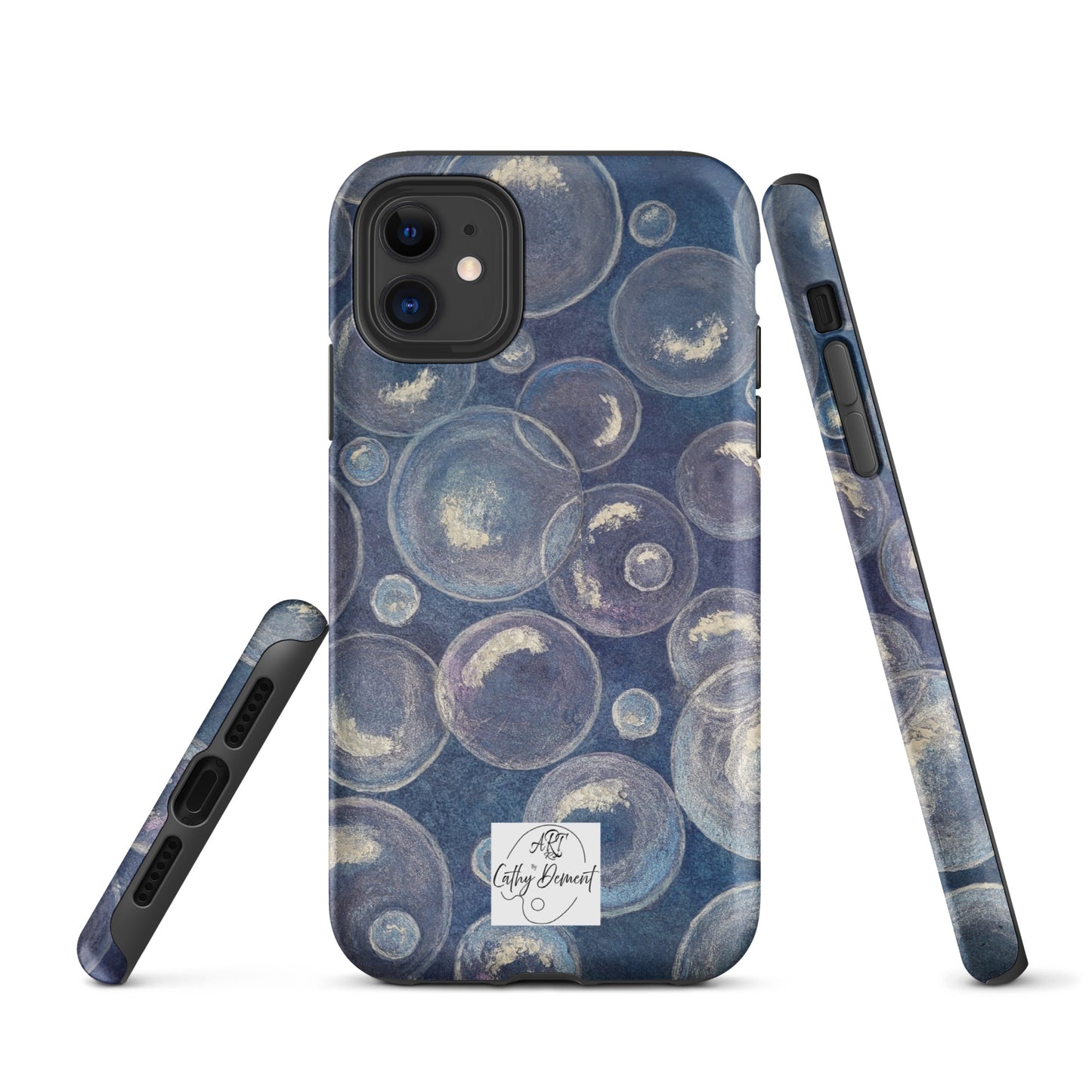 Tough Phone Case for iPhone® - Tranquil Reflections: Blue and White Bubbles Artwork Design