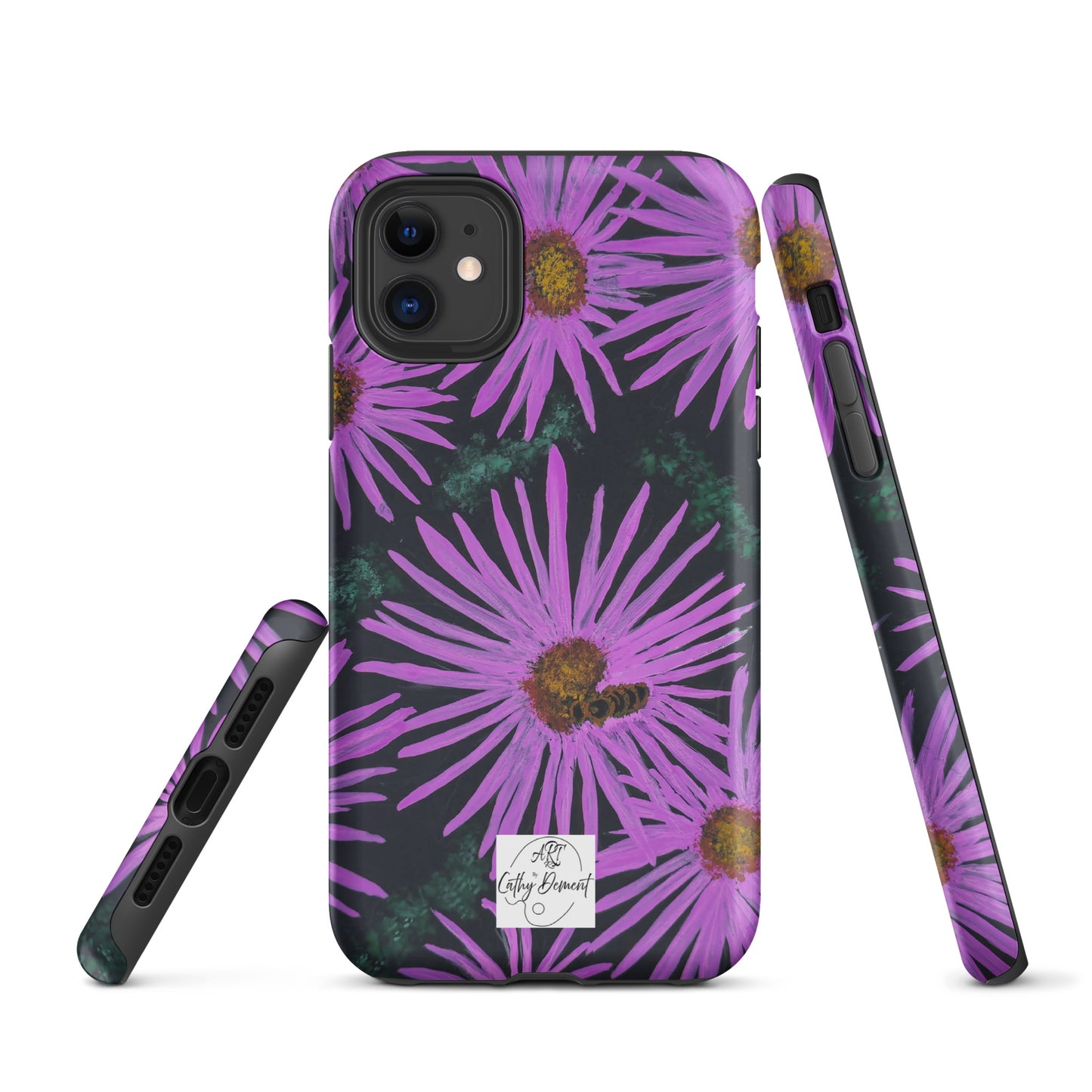 Tough Phone Case for iPhone® - Purple Aster Flowers With Bee Artwork Design