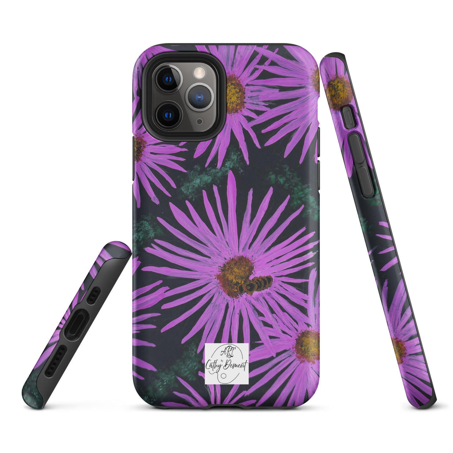 Tough Phone Case for iPhone® - Purple Aster Flowers With Bee Artwork Design