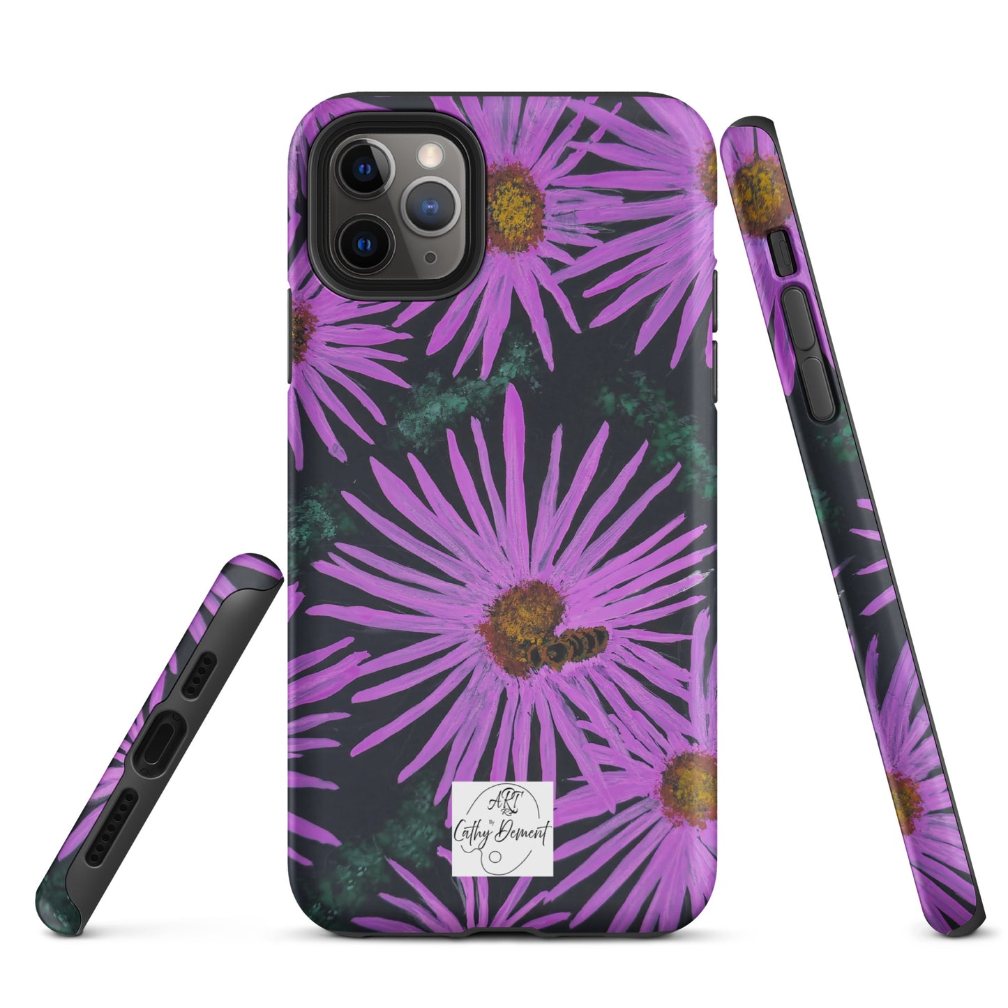 Tough Phone Case for iPhone® - Purple Aster Flowers With Bee Artwork Design