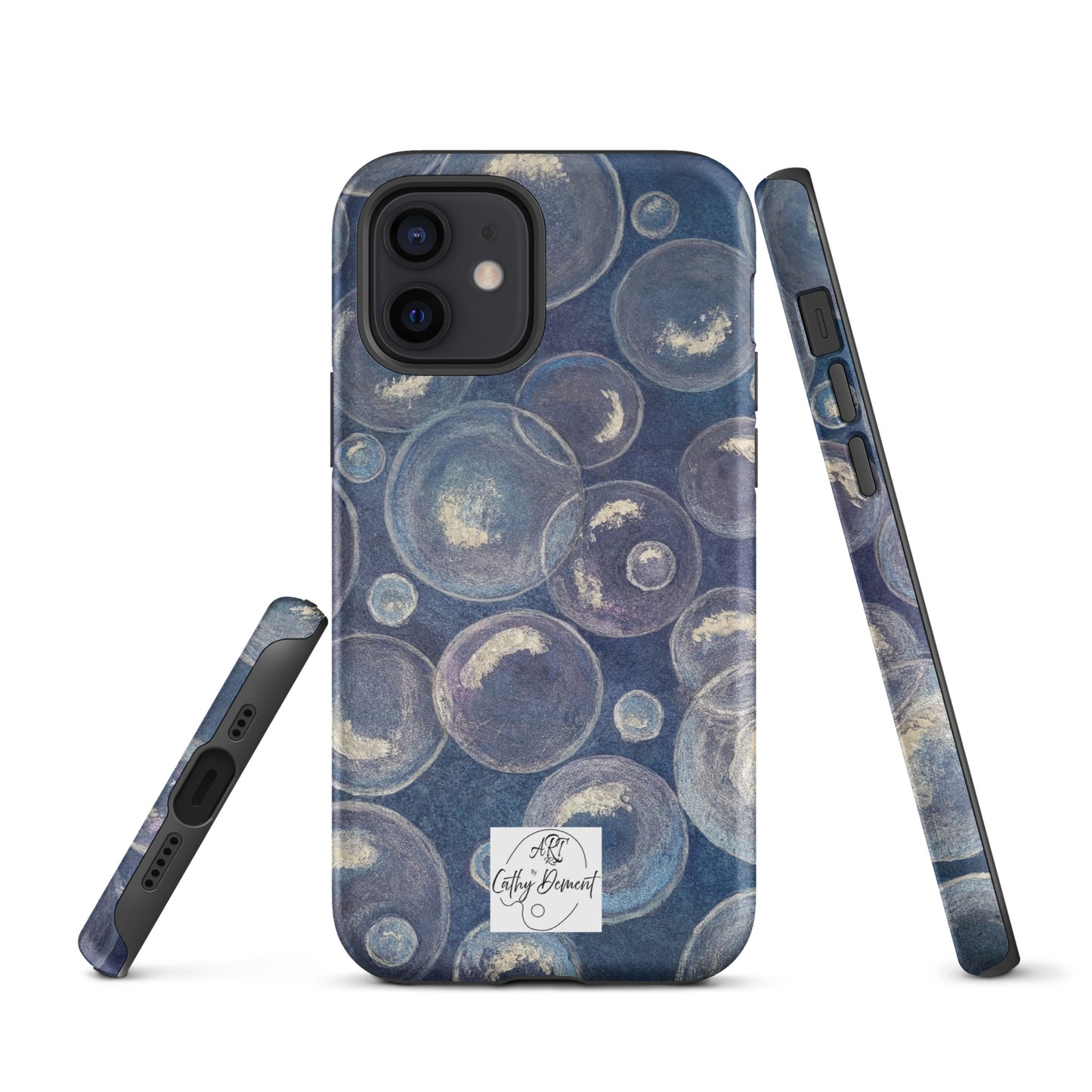 Tough Phone Case for iPhone® - Tranquil Reflections: Blue and White Bubbles Artwork Design