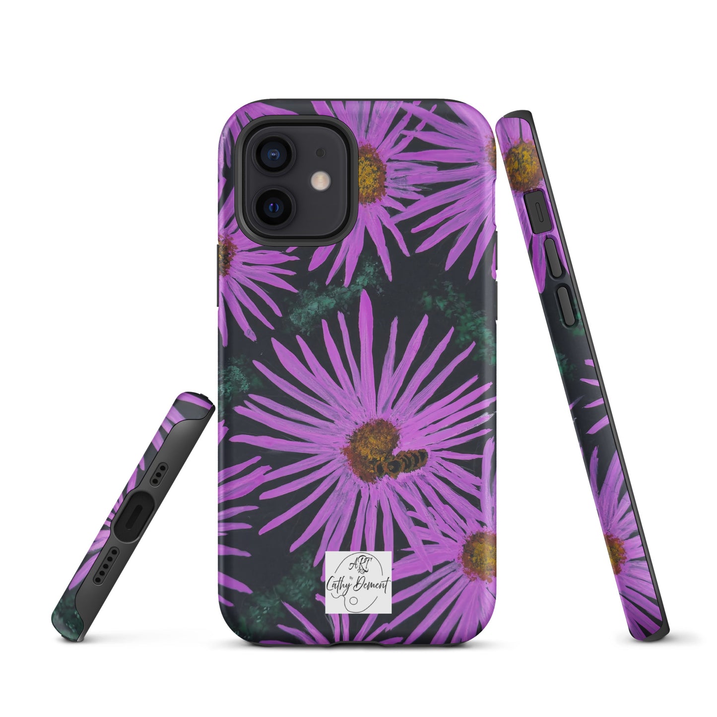 Tough Phone Case for iPhone® - Purple Aster Flowers With Bee Artwork Design