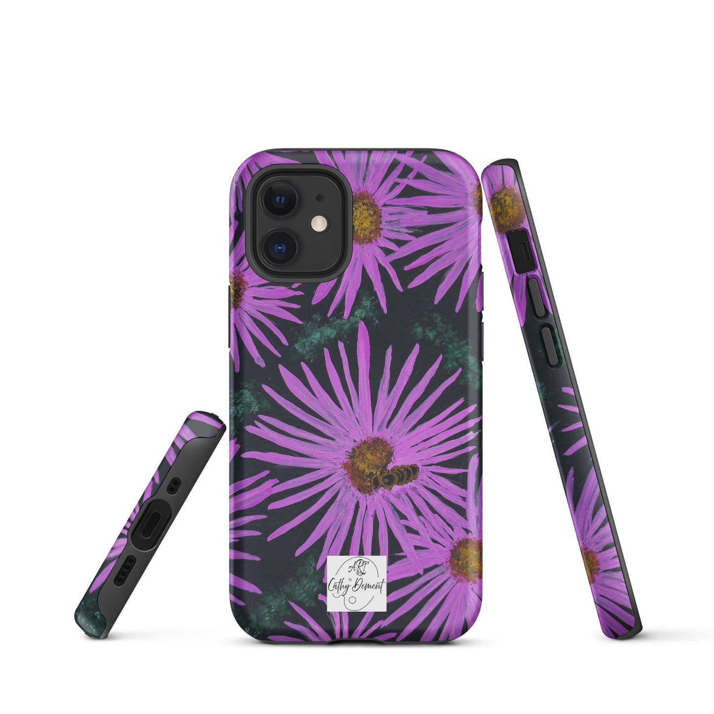 Tough Phone Case for iPhone® - Purple Aster Flowers With Bee Artwork Design