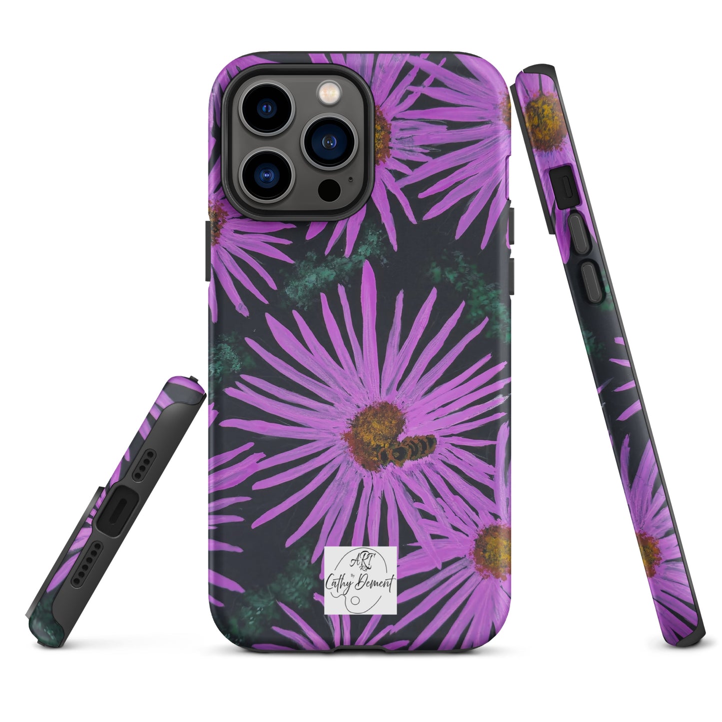 Tough Phone Case for iPhone® - Purple Aster Flowers With Bee Artwork Design