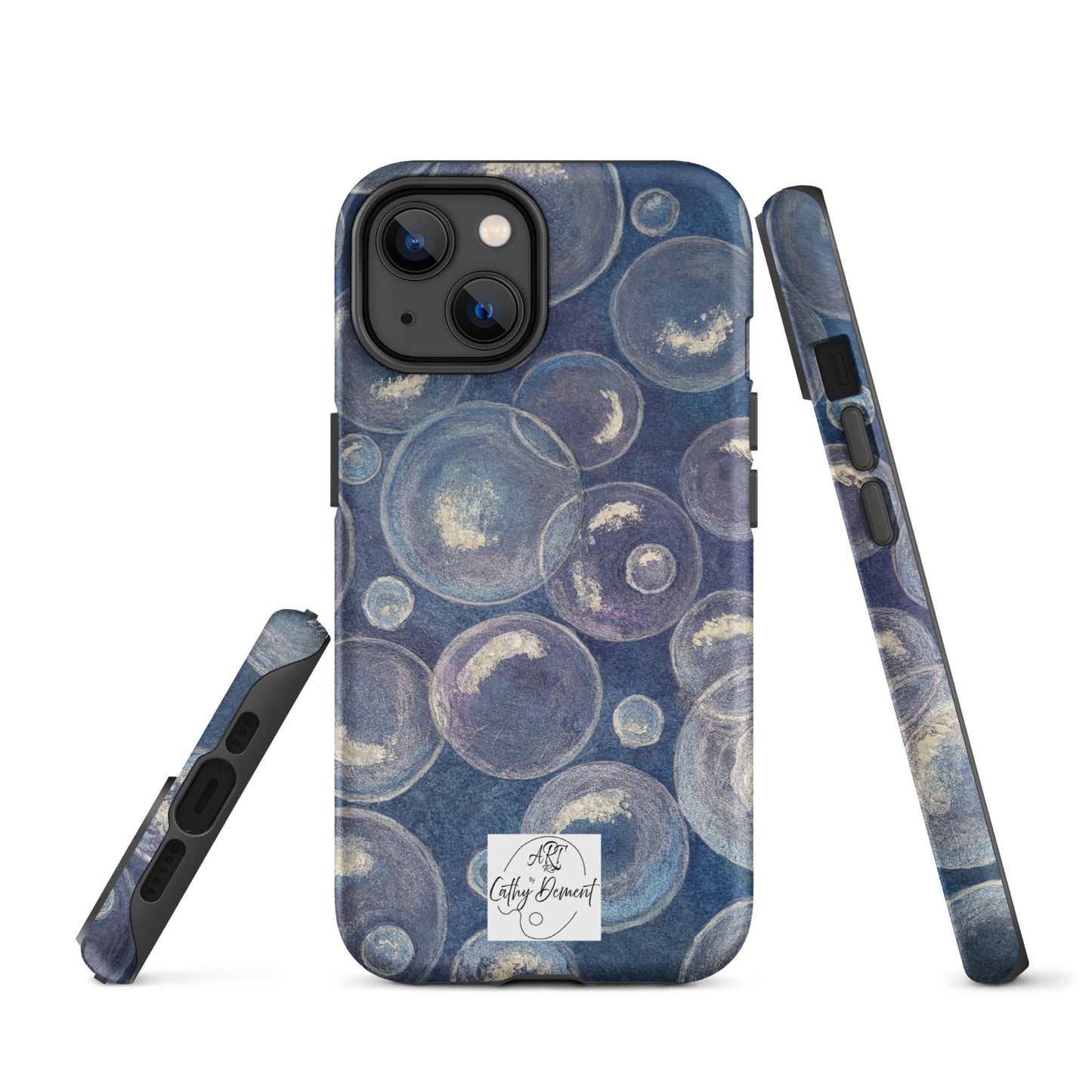 Tough Phone Case for iPhone® - Tranquil Reflections: Blue and White Bubbles Artwork Design