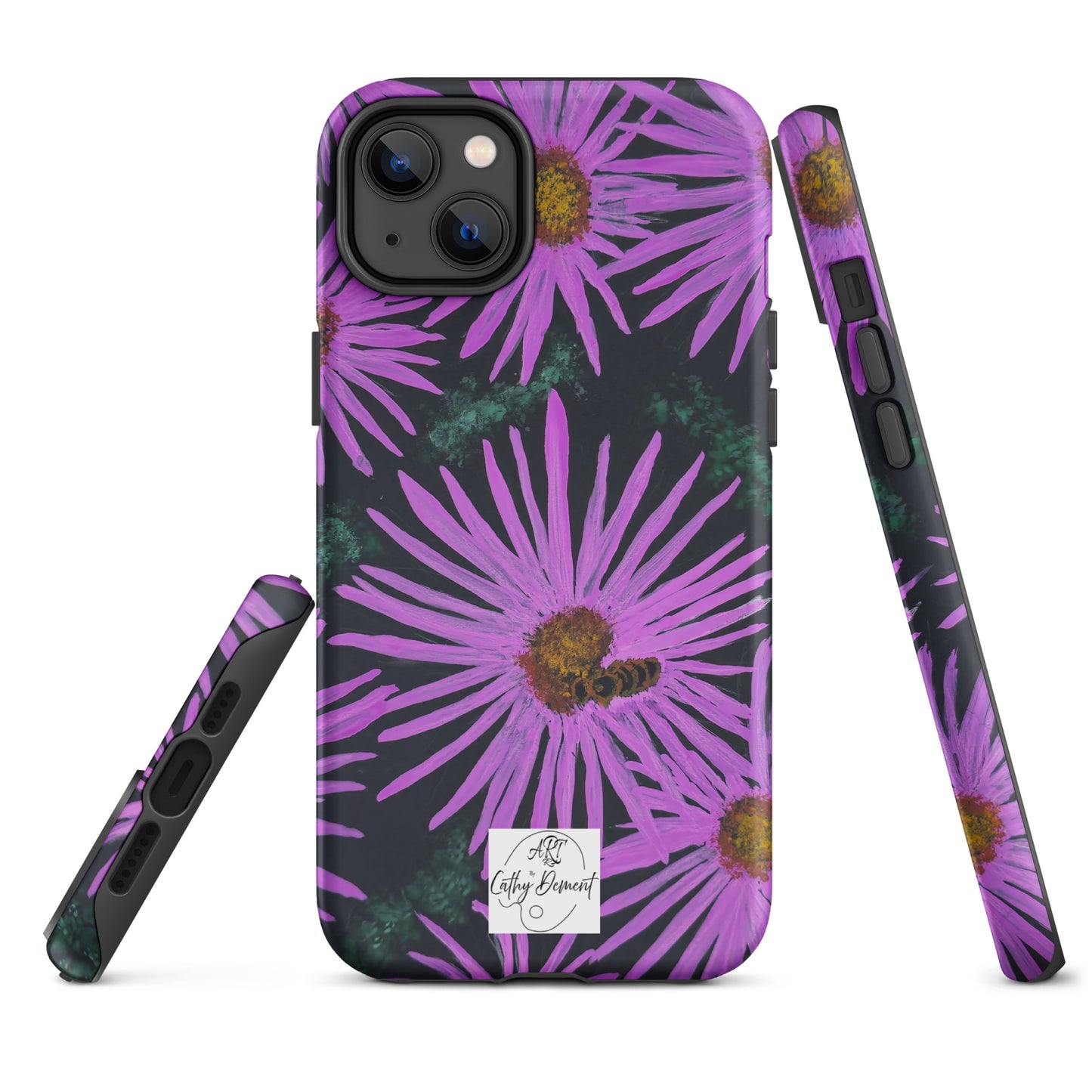 Tough Phone Case for iPhone® - Purple Aster Flowers With Bee Artwork Design