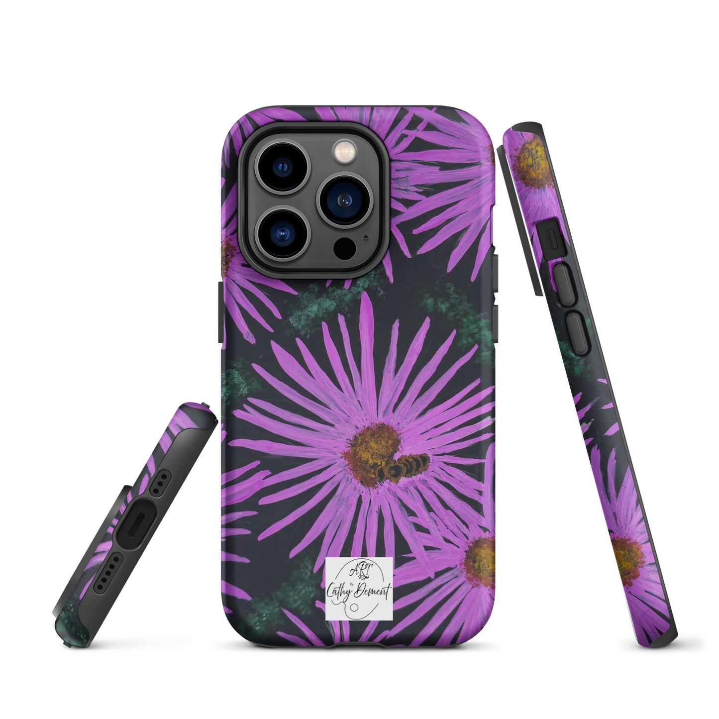 Tough Phone Case for iPhone® - Purple Aster Flowers With Bee Artwork Design