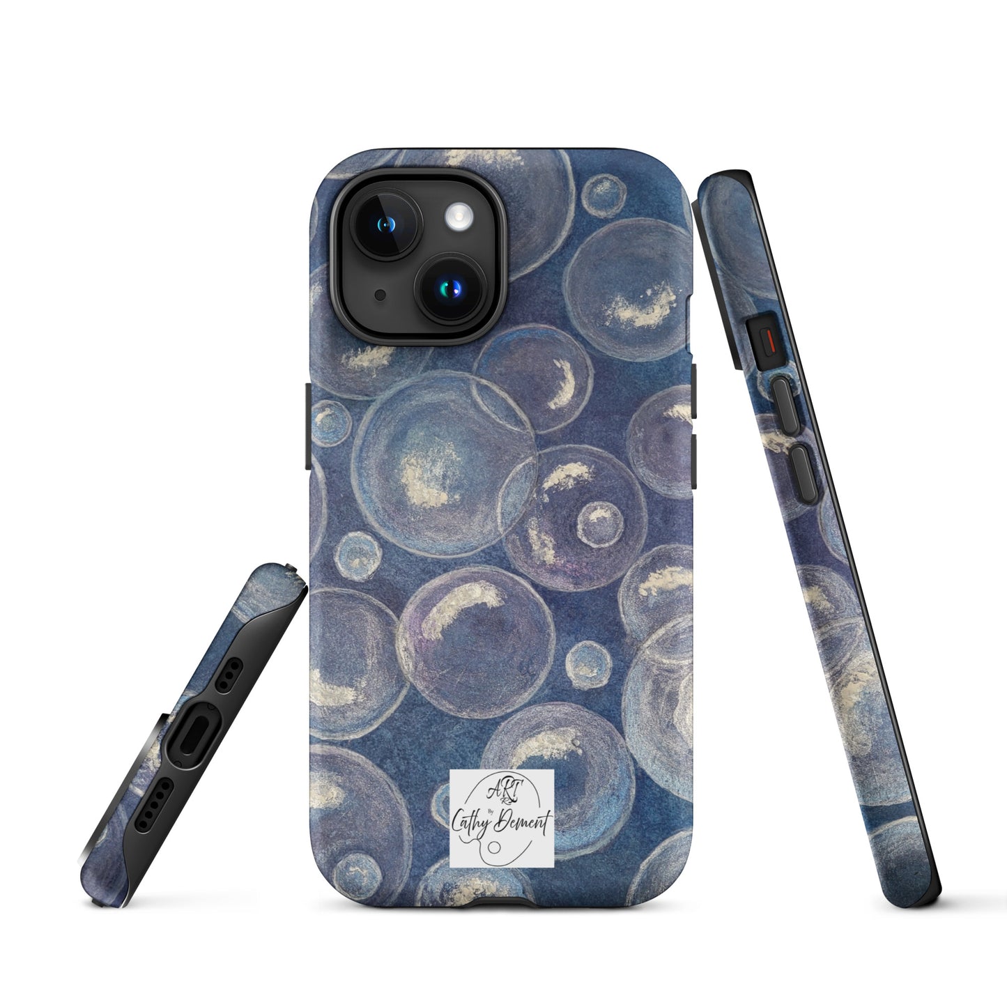 Tough Phone Case for iPhone® - Tranquil Reflections: Blue and White Bubbles Artwork Design