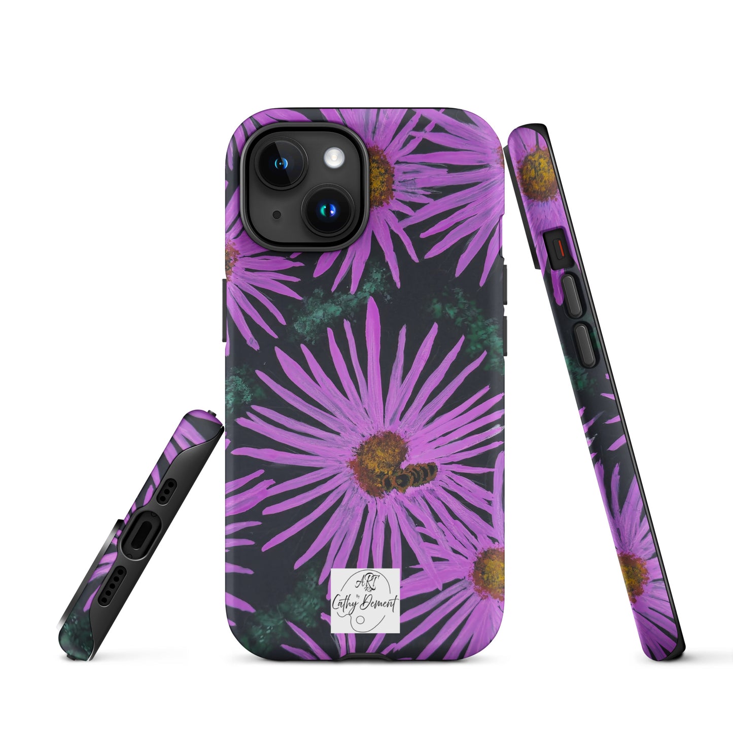 Tough Phone Case for iPhone® - Purple Aster Flowers With Bee Artwork Design