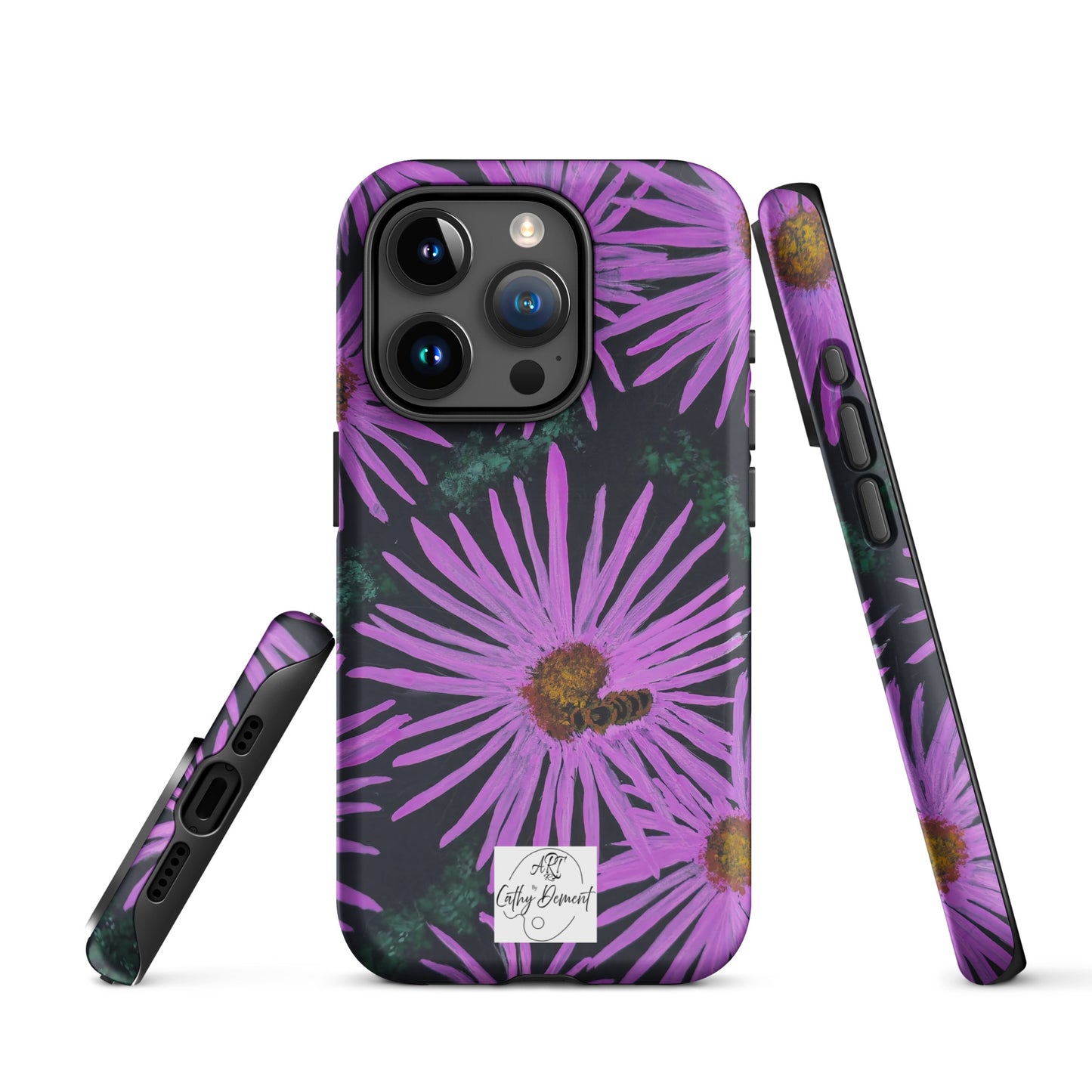 Tough Phone Case for iPhone® - Purple Aster Flowers With Bee Artwork Design