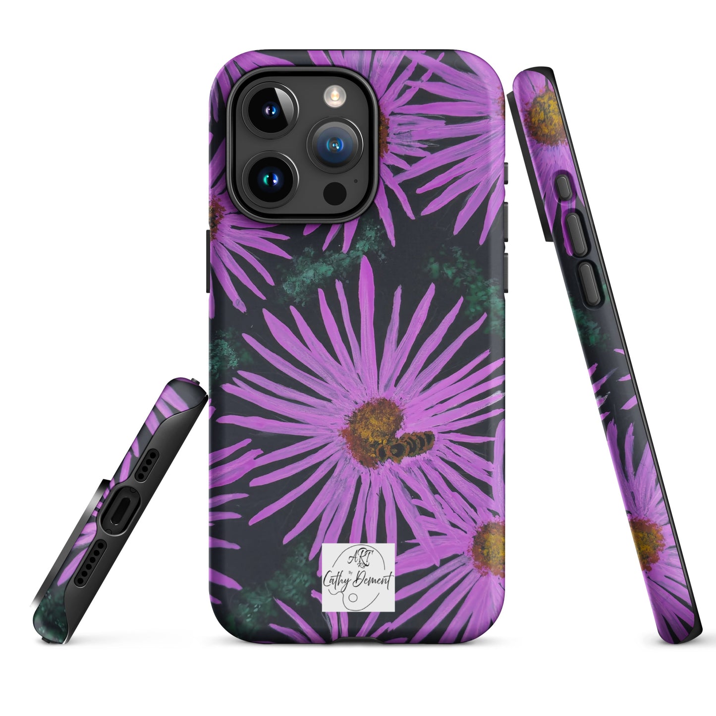 Tough Phone Case for iPhone® - Purple Aster Flowers With Bee Artwork Design