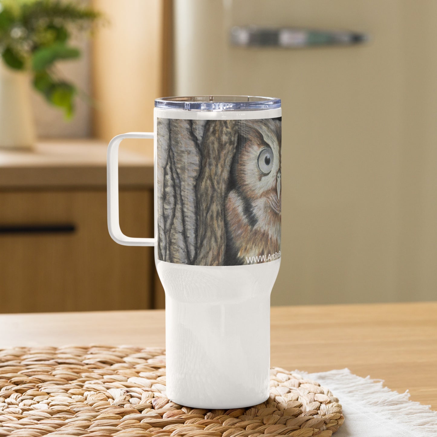 Owl Serenity: Owl in Tree Design Travel Mug With Handle