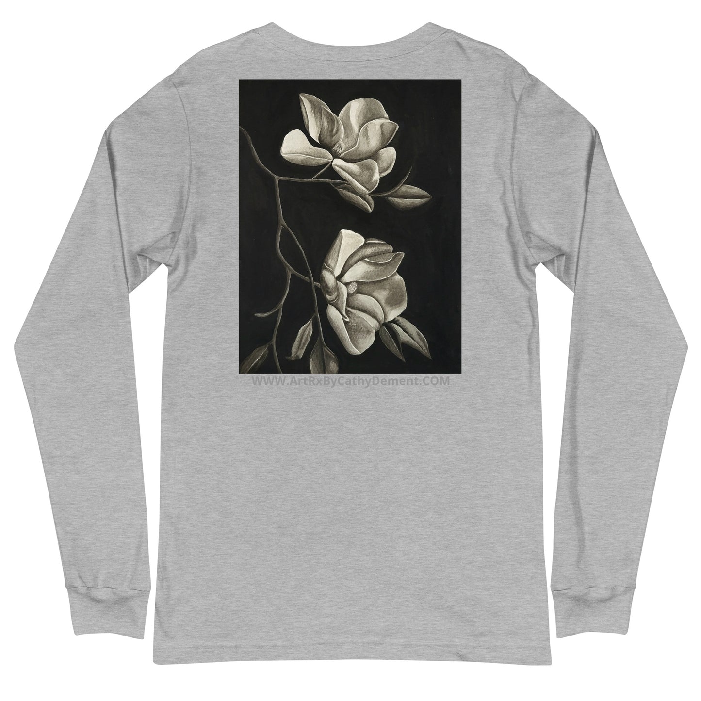 Long Sleeve Tee - Midnight Magnolias - Monochrome Floral Artwork Design, Wearable Art T-Shirt