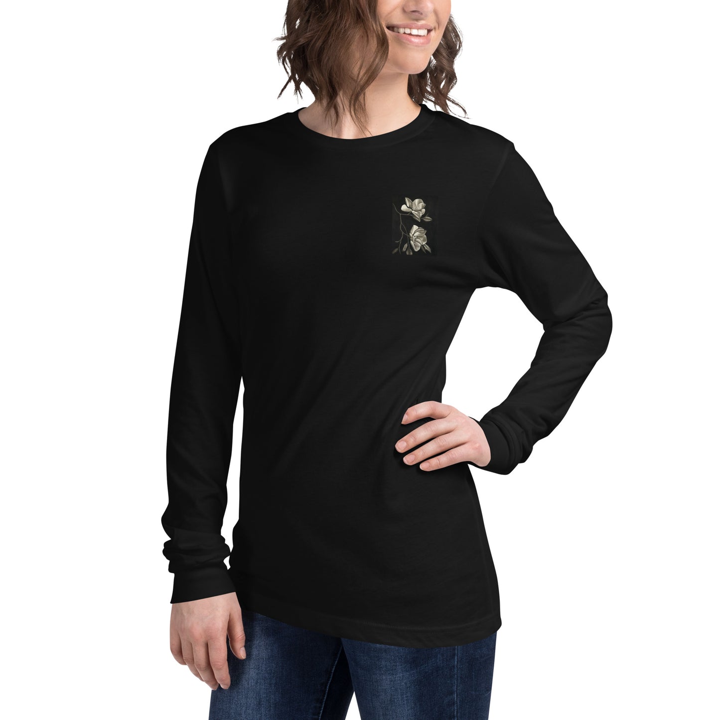 Long Sleeve Tee - Midnight Magnolias - Monochrome Floral Artwork Design, Wearable Art T-Shirt