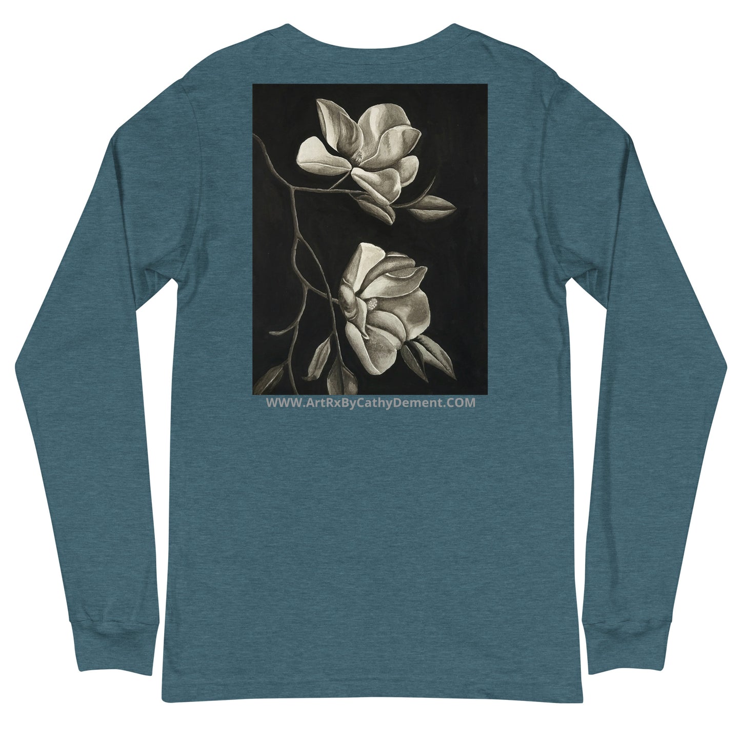 Long Sleeve Tee - Midnight Magnolias - Monochrome Floral Artwork Design, Wearable Art T-Shirt