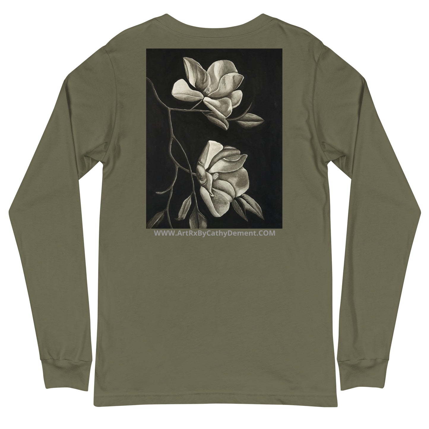 Long Sleeve Tee - Midnight Magnolias - Monochrome Floral Artwork Design, Wearable Art T-Shirt