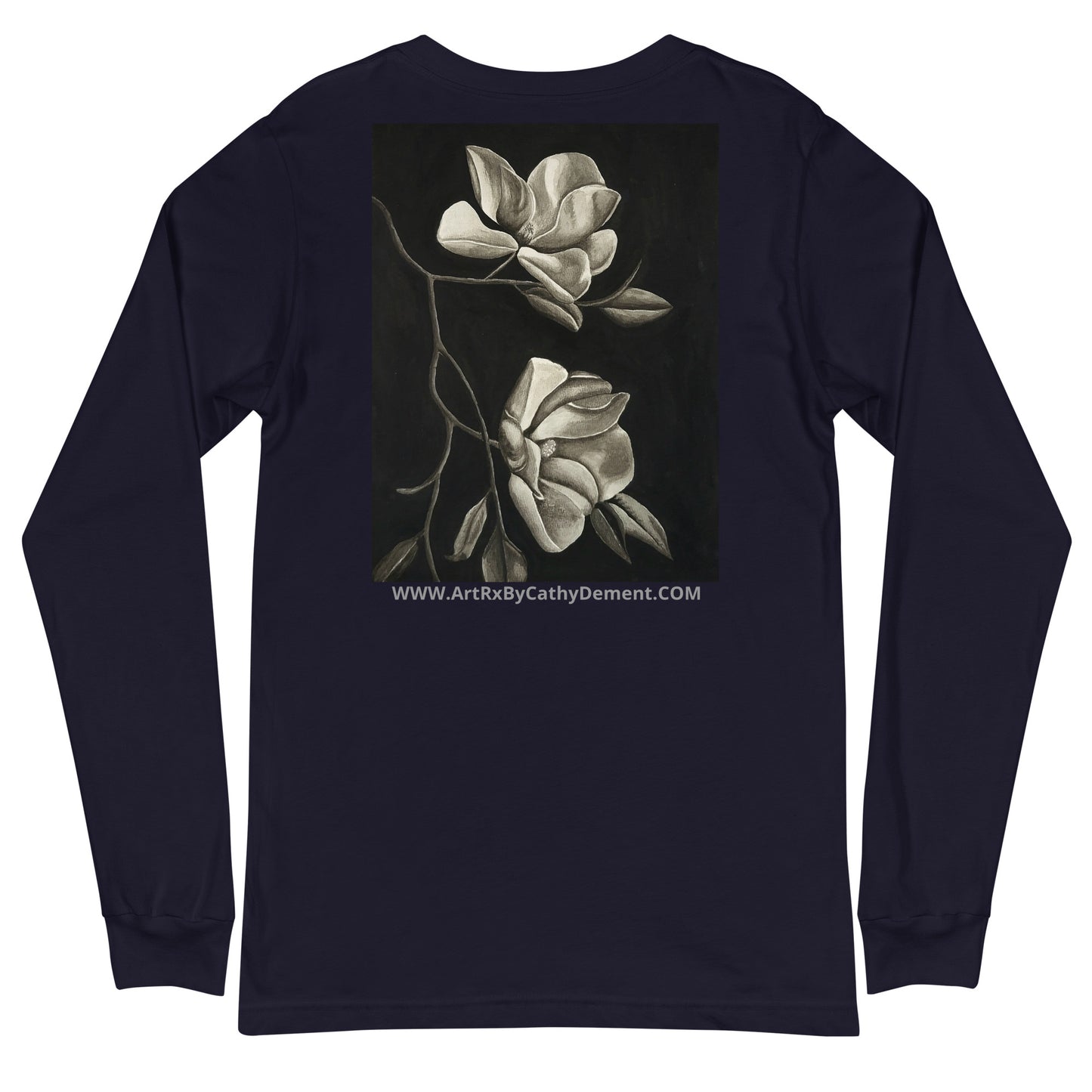 Long Sleeve Tee - Midnight Magnolias - Monochrome Floral Artwork Design, Wearable Art T-Shirt