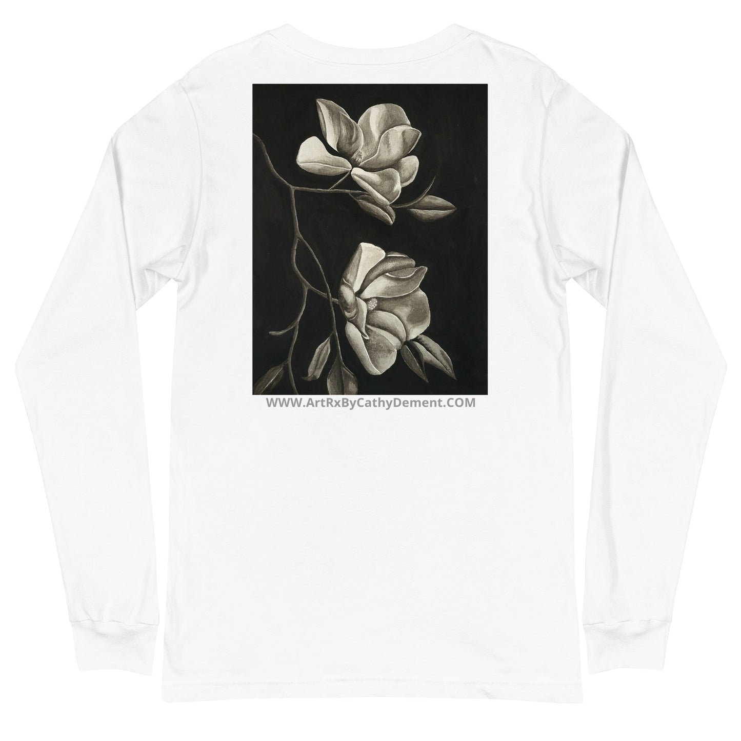 Long Sleeve Tee - Midnight Magnolias - Monochrome Floral Artwork Design, Wearable Art T-Shirt