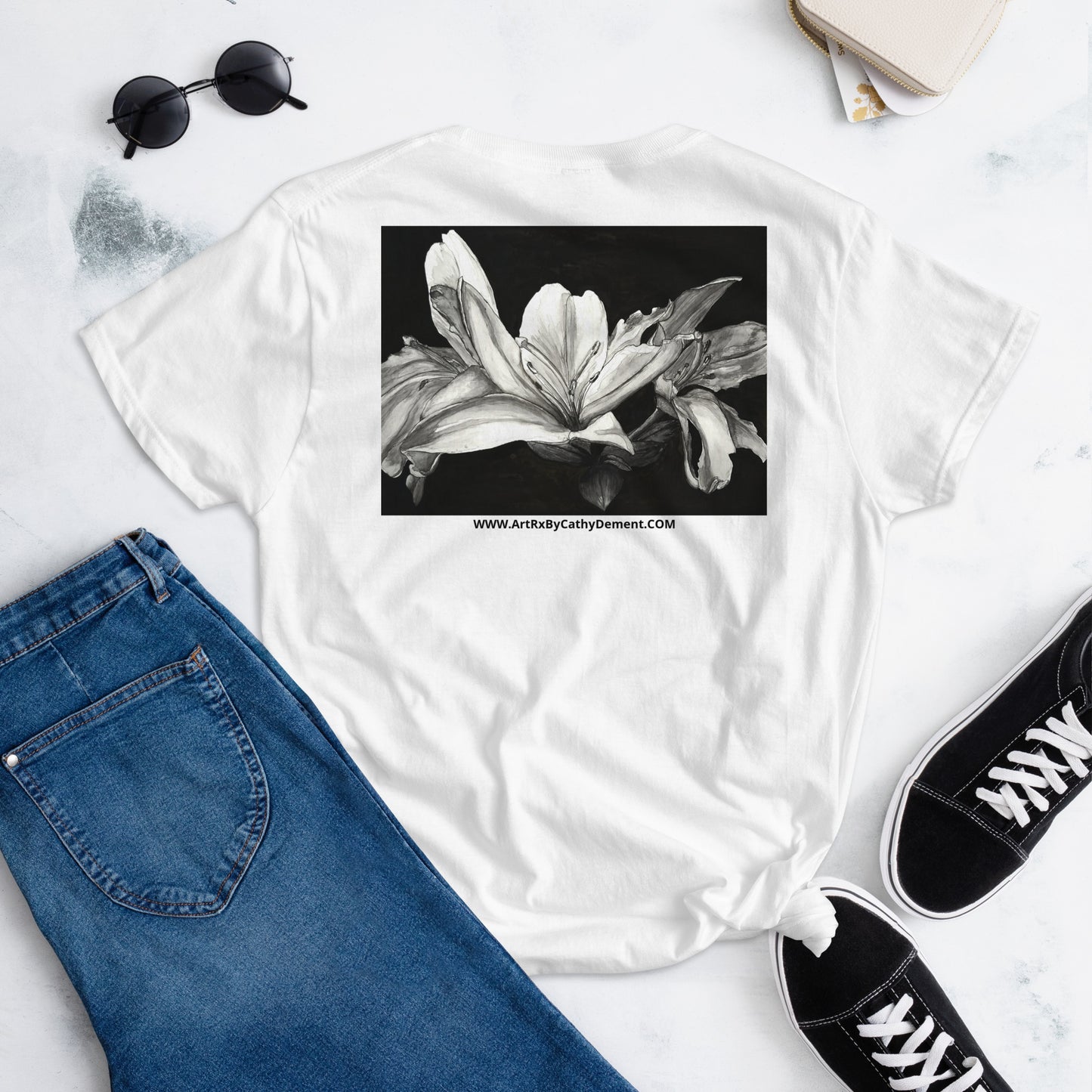 Floral Elegance: Women's Logo Short Sleeve T-Shirt with Lily Back Design