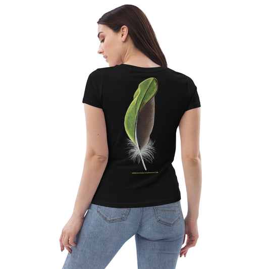 Prismacolor Plume: Colorful Green Feather Design on Women's fitted eco tee