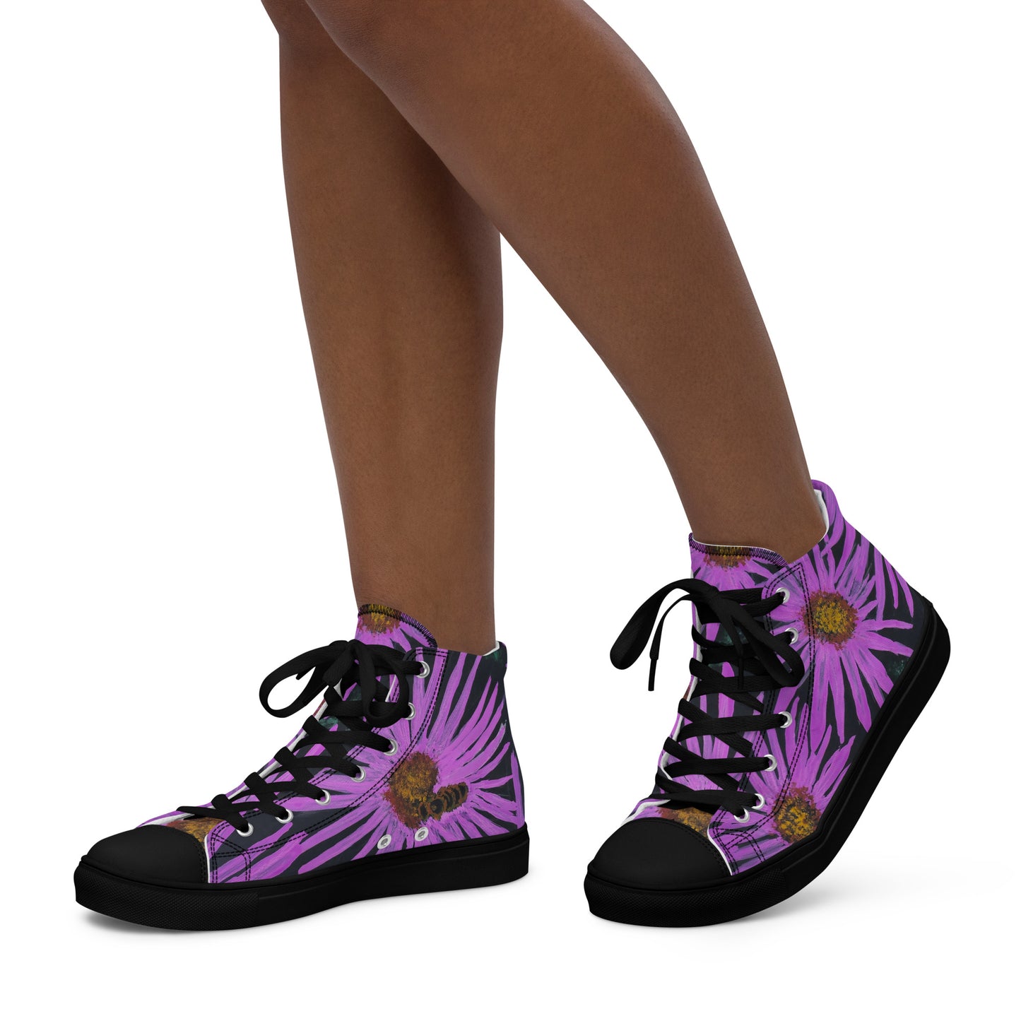 Women’s High Top Canvas Shoes - Purple Aster Flower With Bee Artwork Design: Colorful Artistic Shoe