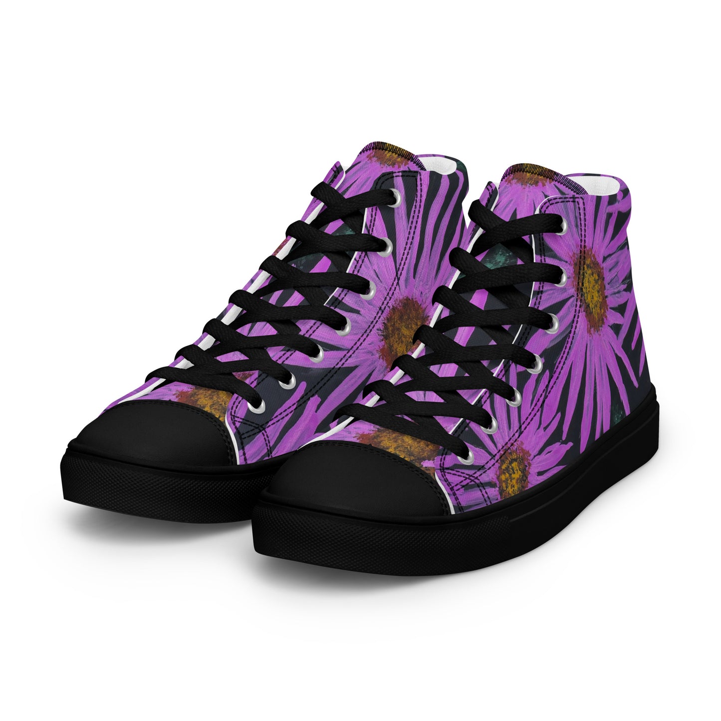 Women’s High Top Canvas Shoes - Purple Aster Flower With Bee Artwork Design: Colorful Artistic Shoe