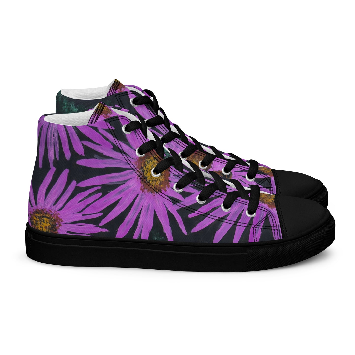 Women’s High Top Canvas Shoes - Purple Aster Flower With Bee Artwork Design: Colorful Artistic Shoe