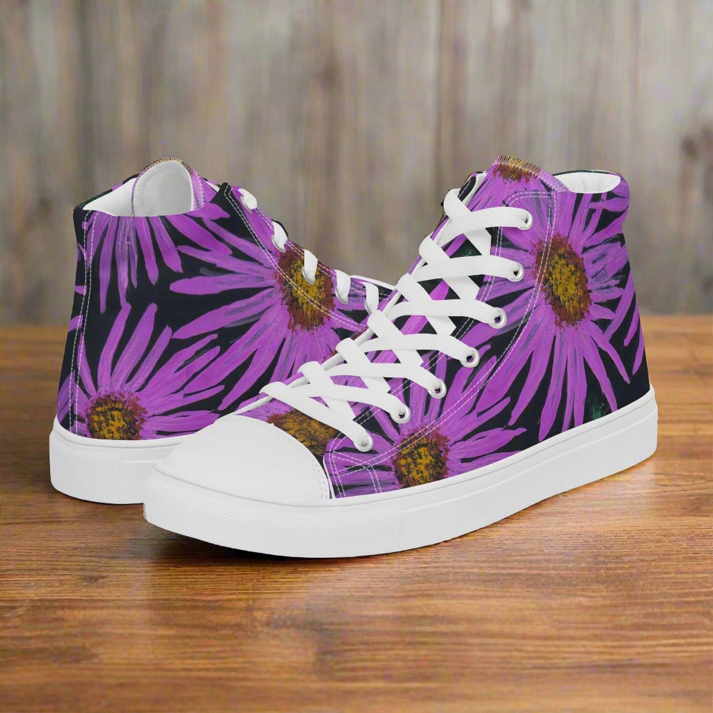 Women’s High Top Canvas Shoes - Purple Flower With Bee Artwork Design: Colorful Artistic Shoe