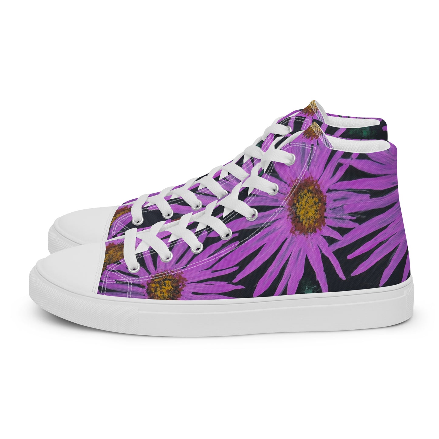 Women’s High Top Canvas Shoes - Purple Aster Flower With Bee Artwork Design: Colorful Artistic Shoe