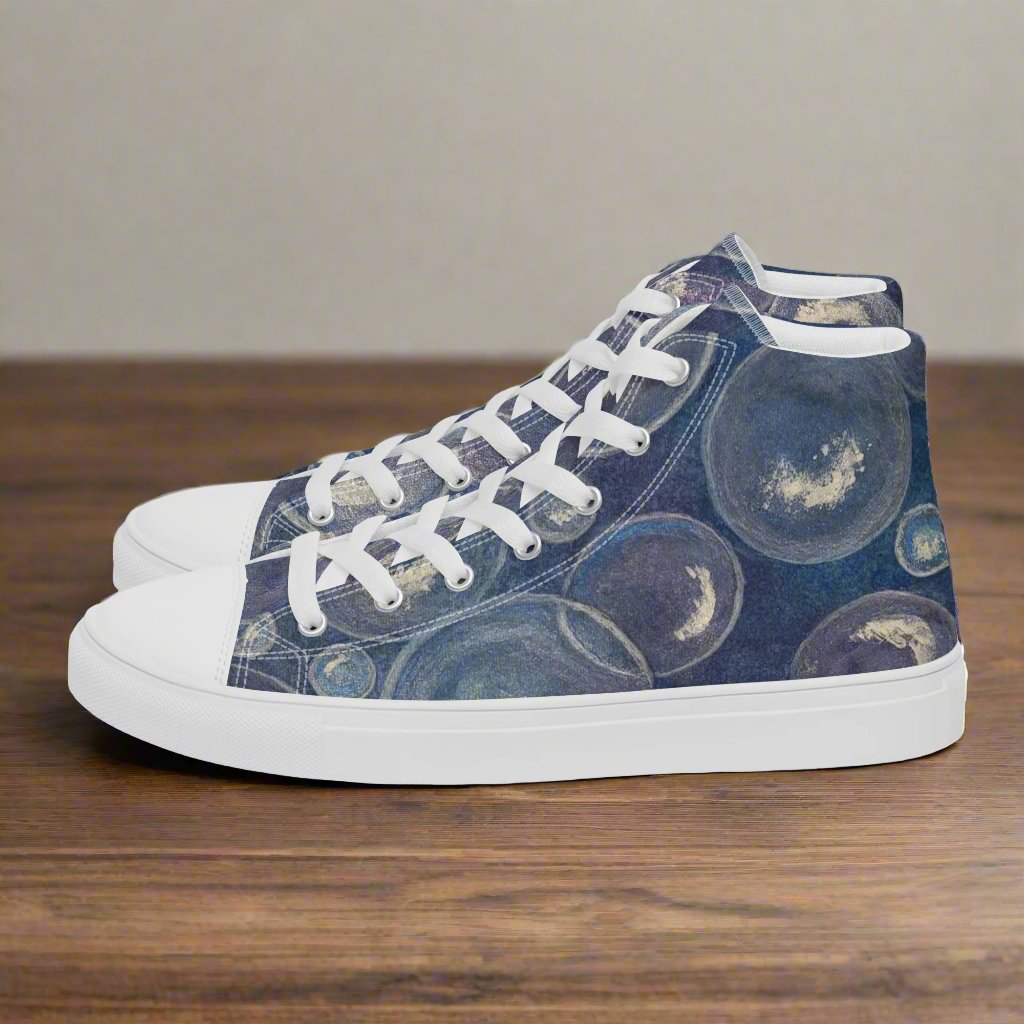 Women’s High Top Canvas Shoes - Tranquil Reflections: Blue and White Bubble Artwork Design 