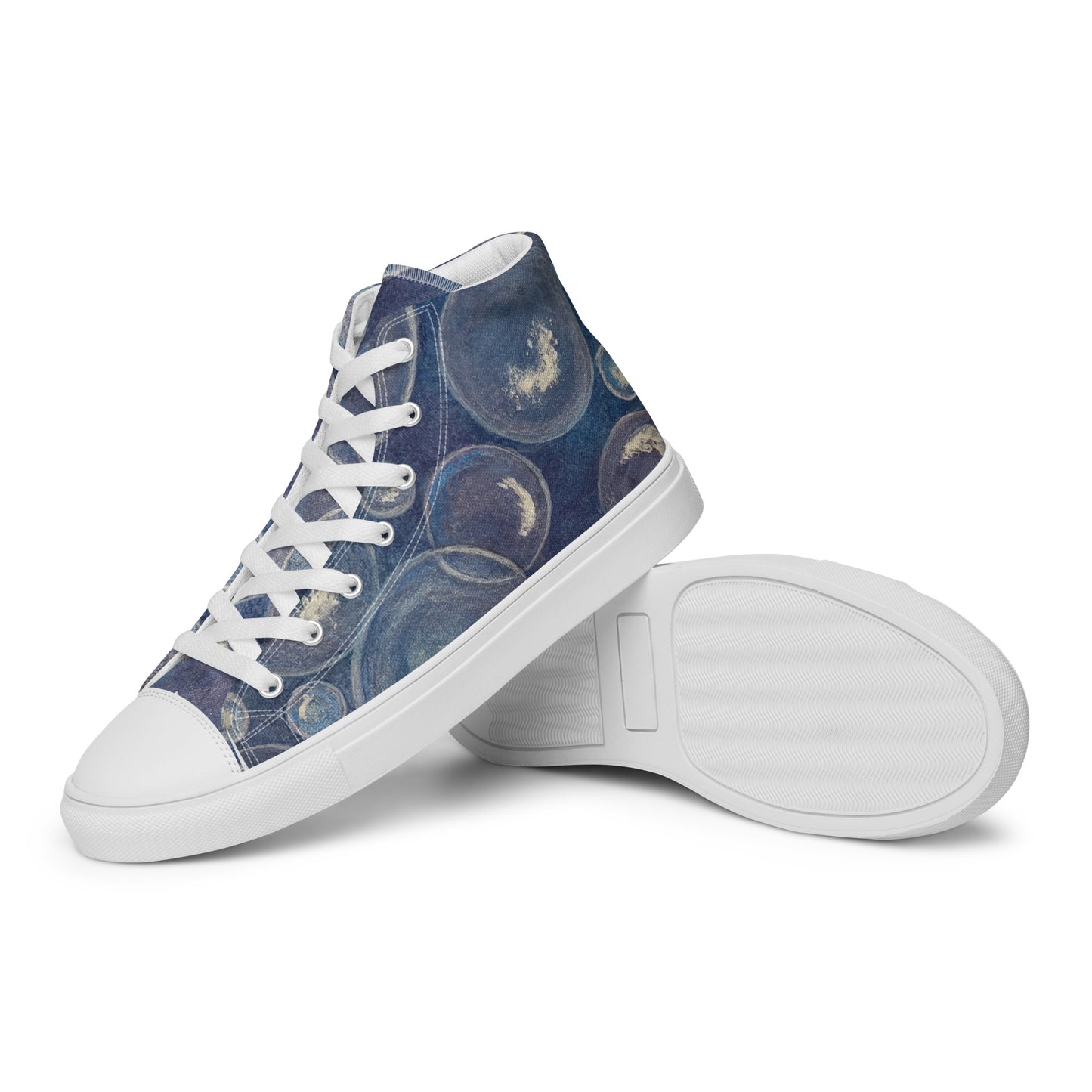 Women’s High Top Canvas Shoes - Tranquil Reflections: Blue and White Bubble Artwork Design Sneakers