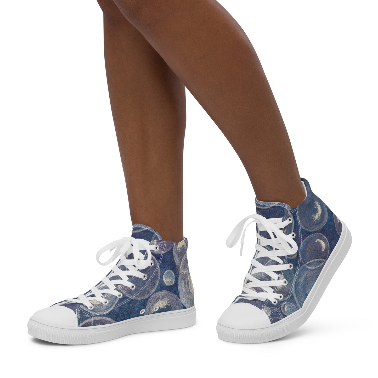 Women’s High Top Canvas Shoes - Tranquil Reflections: Blue and White Bubble Artwork Design Sneakers