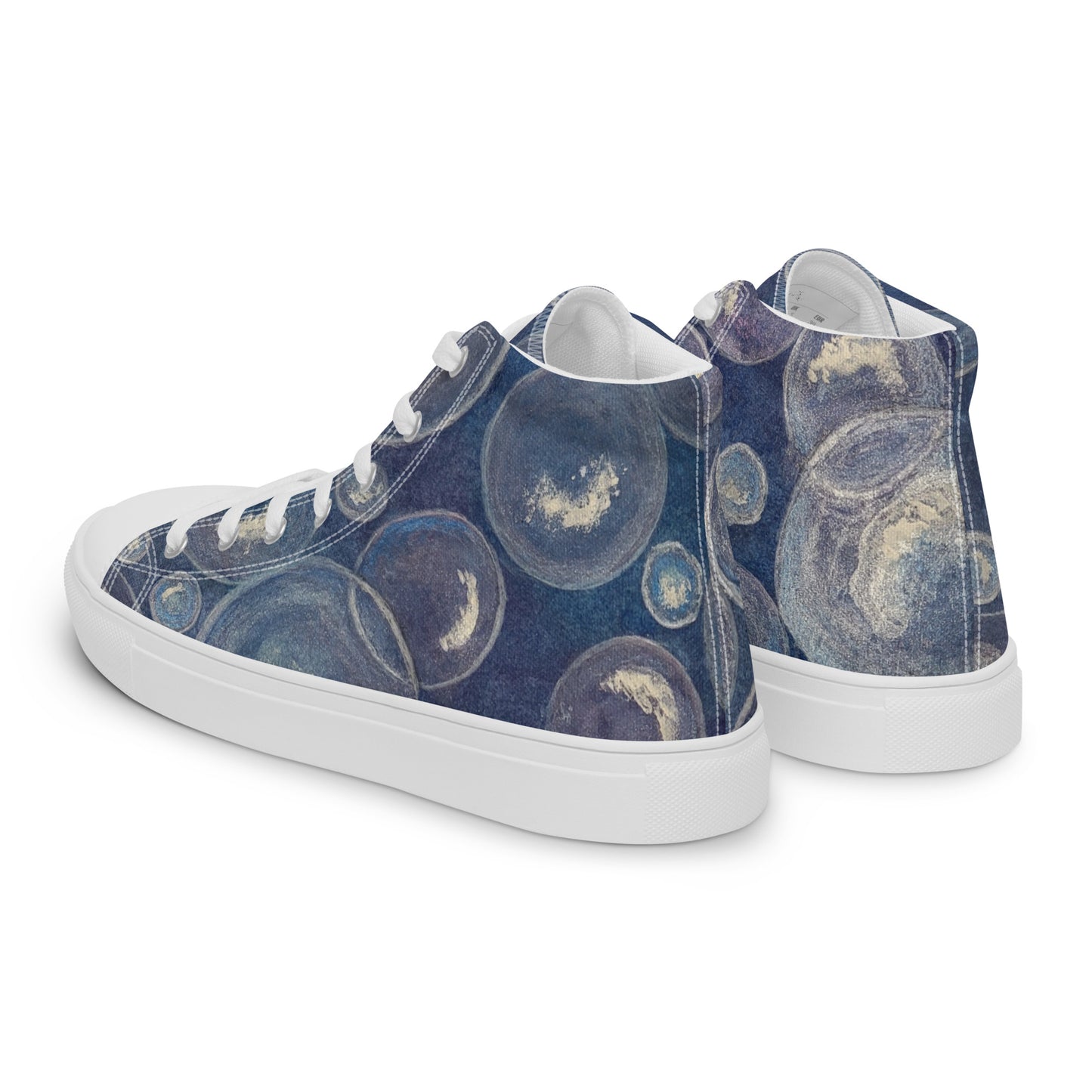 Women’s High Top Canvas Shoes - Tranquil Reflections: Blue and White Bubble Artwork Design Sneakers