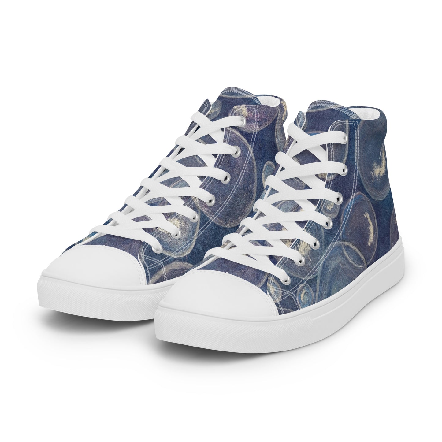 Women’s High Top Canvas Shoes - Tranquil Reflections: Blue and White Bubble Artwork Design Sneakers