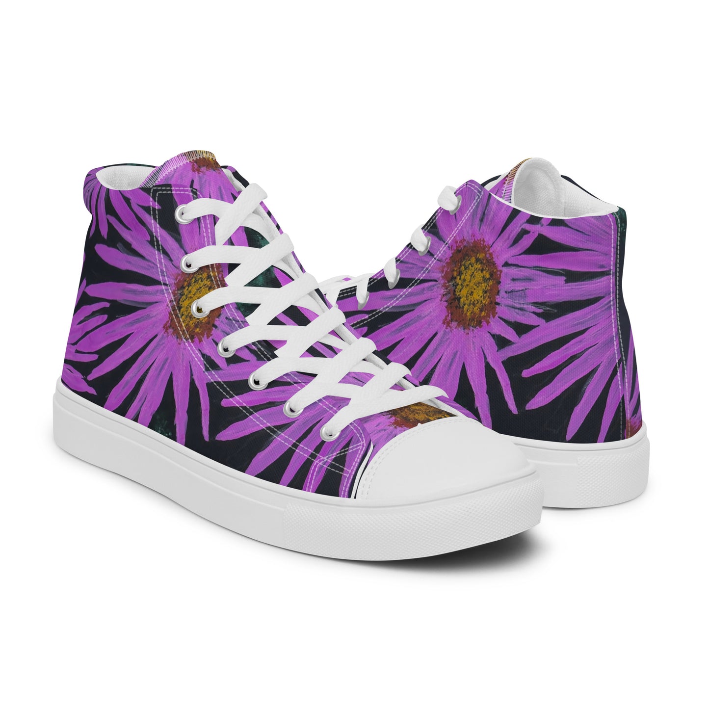 Women’s High Top Canvas Shoes - Purple Aster Flower With Bee Artwork Design: Colorful Artistic Shoe