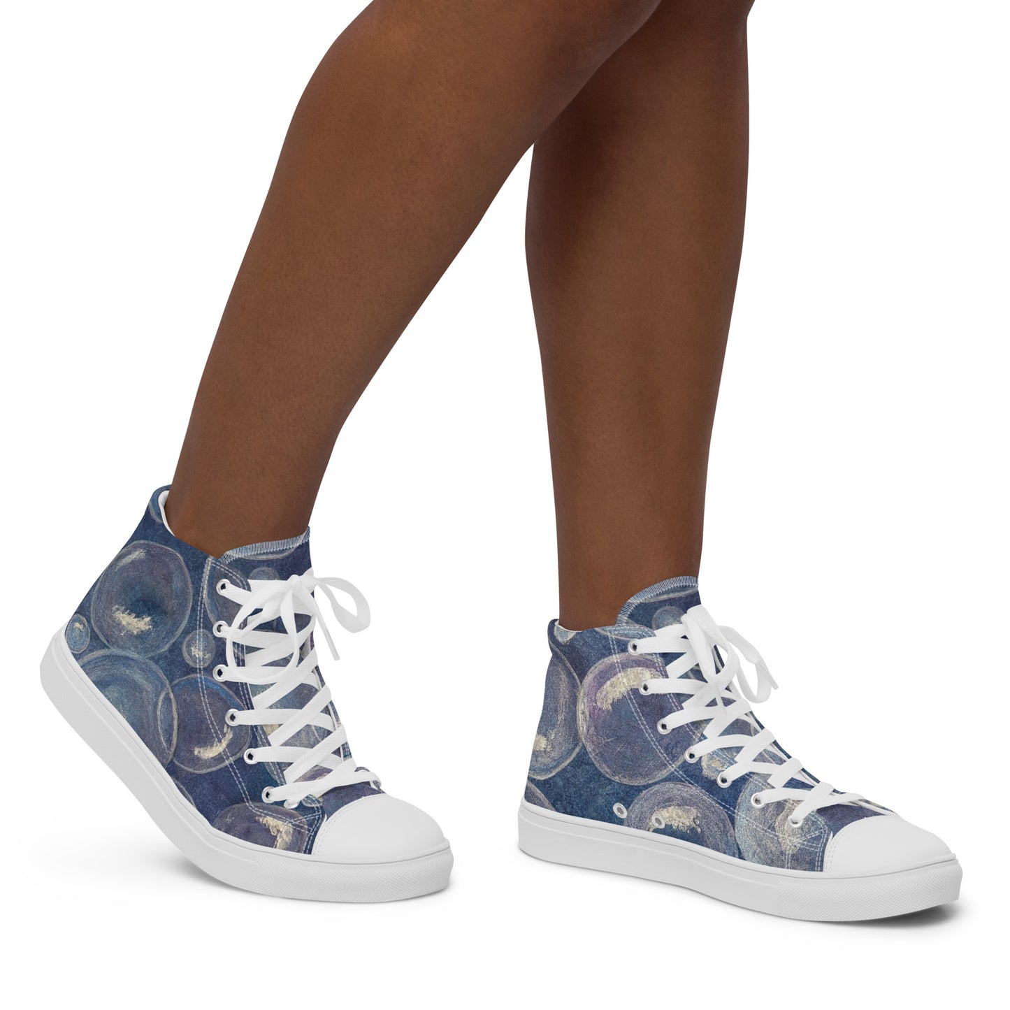 Women’s High Top Canvas Shoes - Tranquil Reflections: Blue and White Bubble Artwork Design Sneakers