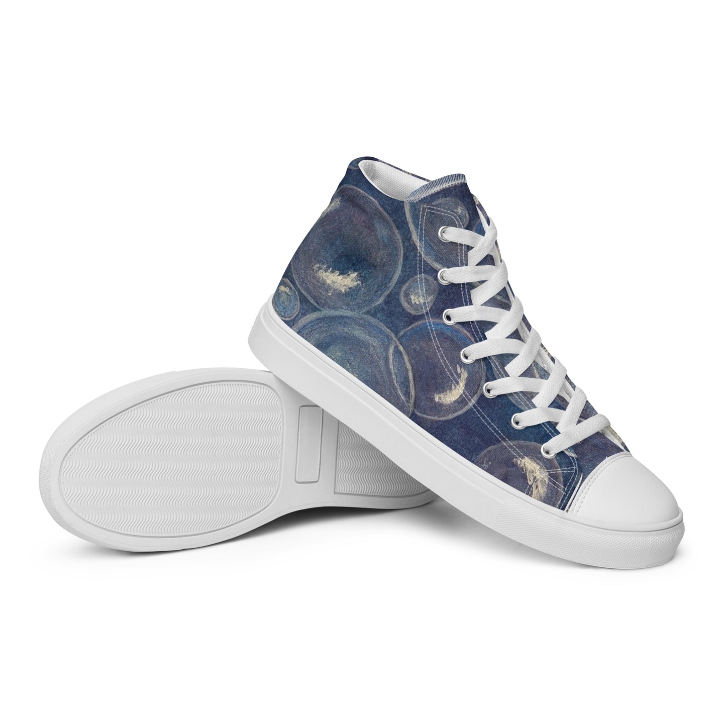 Women’s High Top Canvas Shoes - Tranquil Reflections: Blue and White Bubble Artwork Design Sneakers