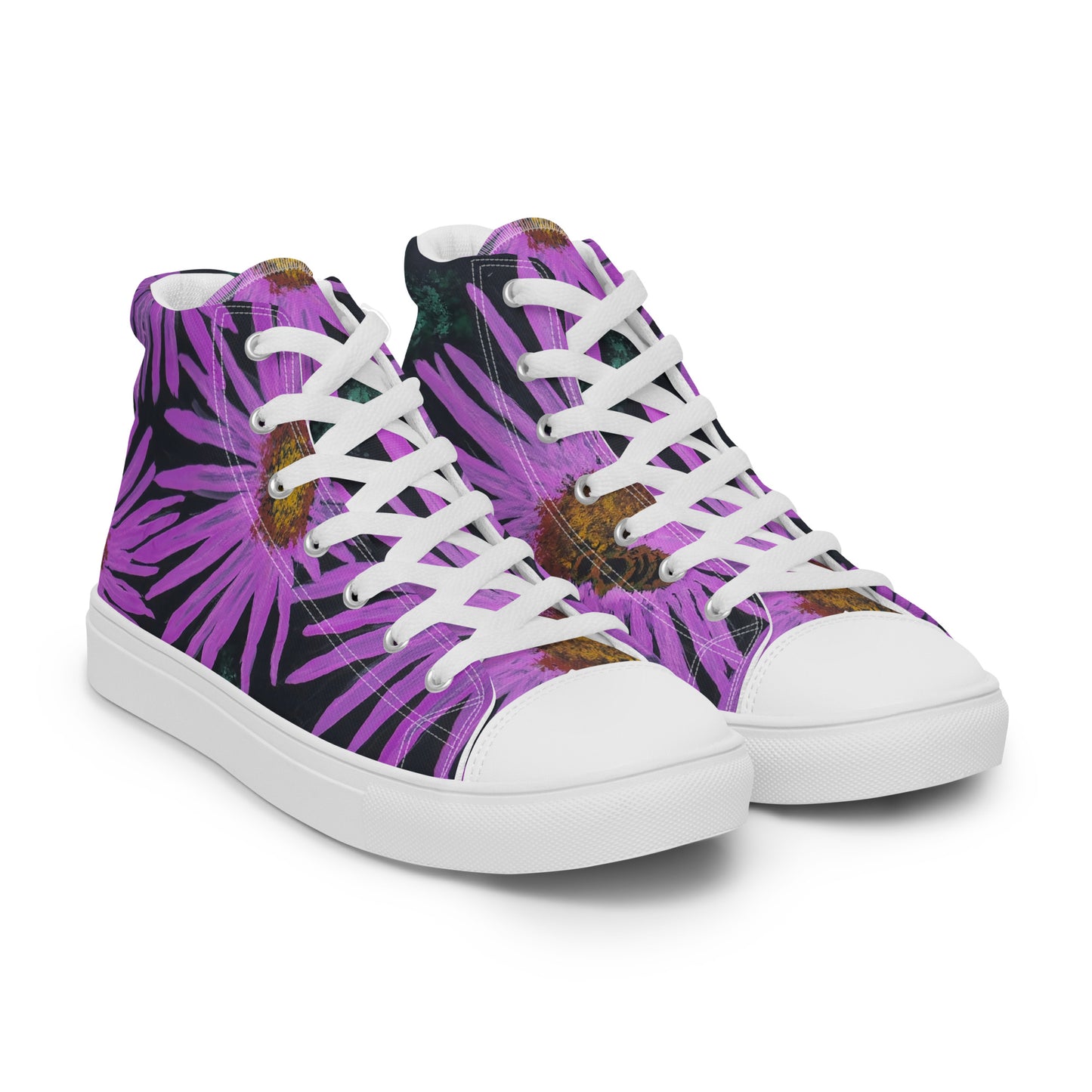 Women’s High Top Canvas Shoes - Purple Aster Flower With Bee Artwork Design: Colorful Artistic Shoe