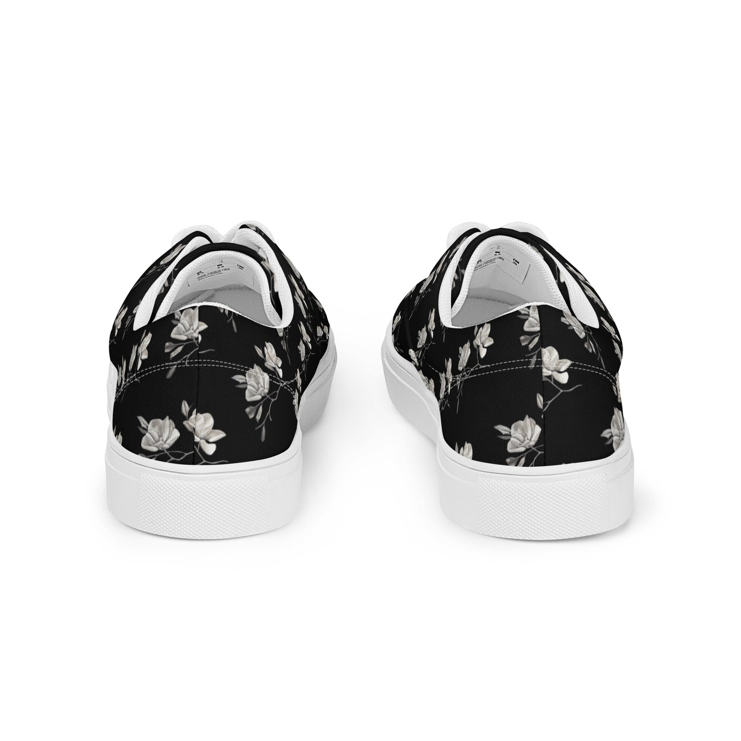 Women’s lace-up canvas shoes - Midnight Magnolias - Monochrome Floral Artwork Design, Wearable Art