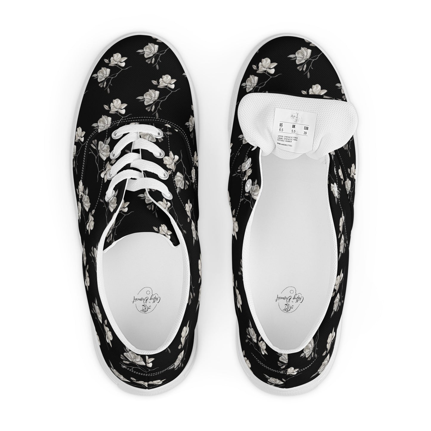 Women’s lace-up canvas shoes - Midnight Magnolias - Monochrome Floral Artwork Design, Wearable Art