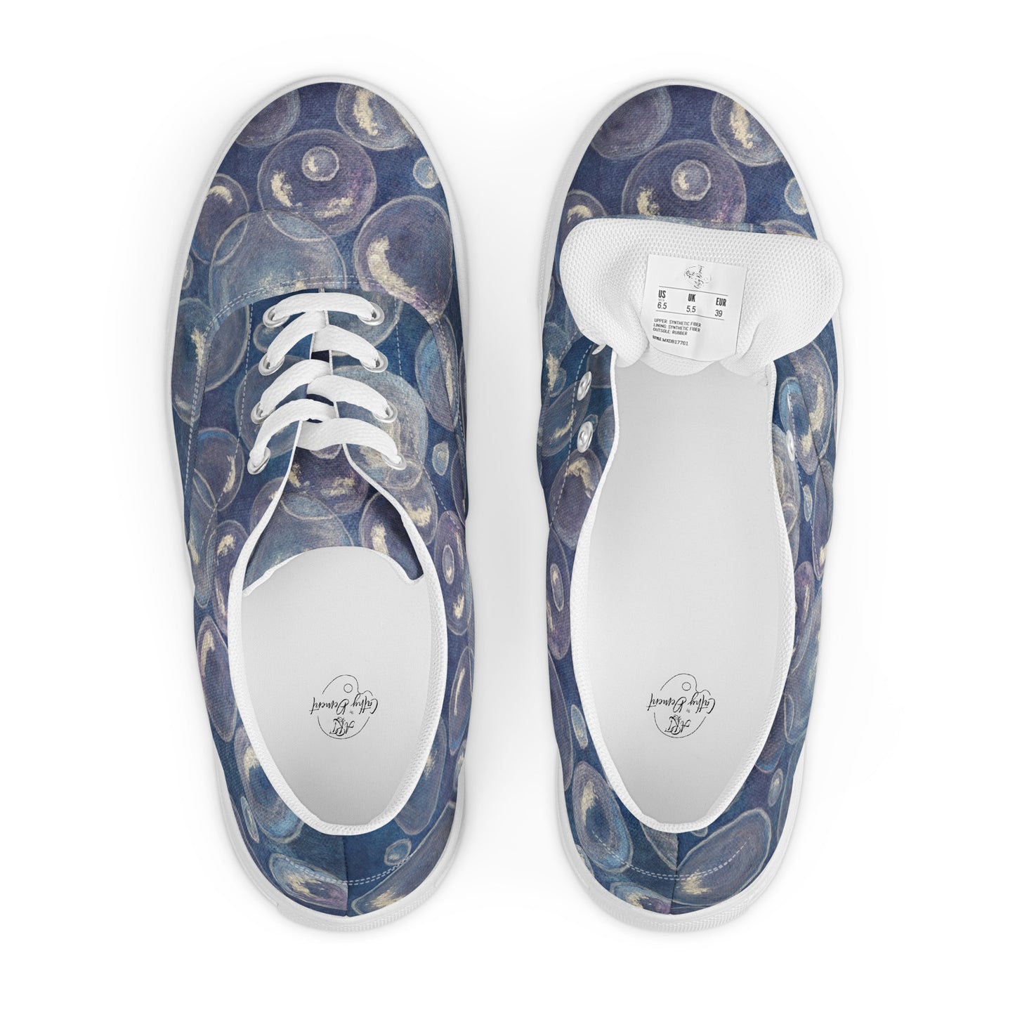 Women’s Lace-up Canvas Shoes - Tranquil Reflections: Blue and White Reflective Bubble Design Sneakers