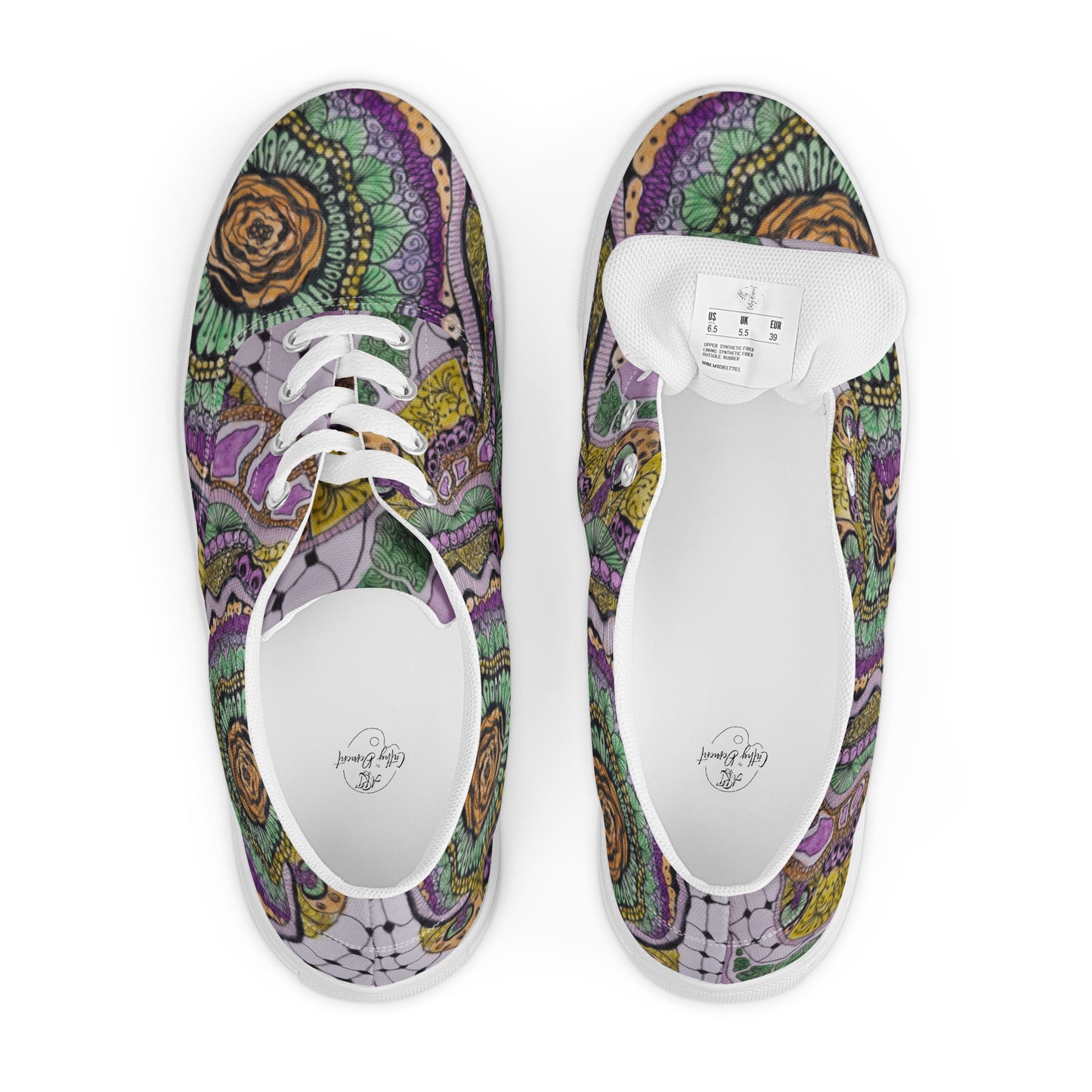 Women’s Lace-up Canvas Shoes - Zen Floral Bliss, Colorful Zentangle Artwork