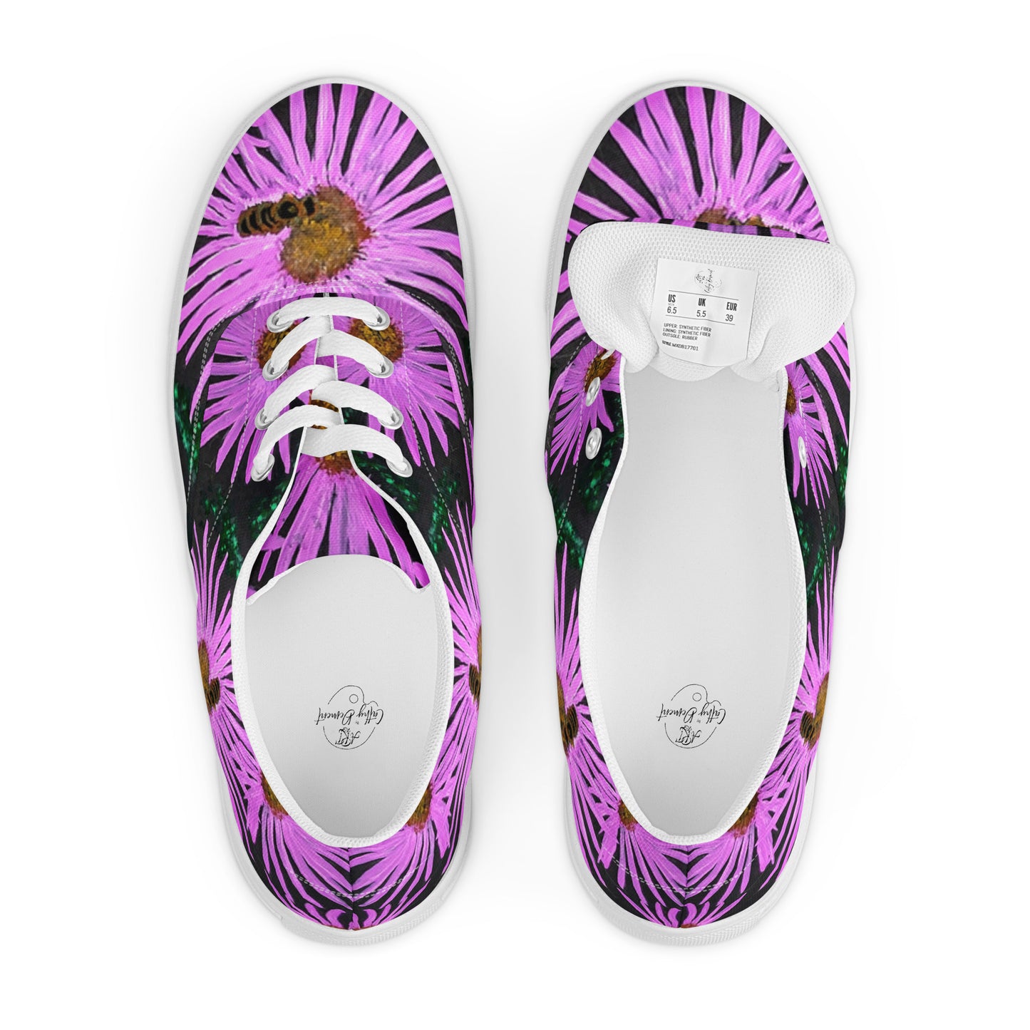 Women’s lace-up Canvas Shoes - Purple Aster Flowers with Bee Artwork, Floral Art