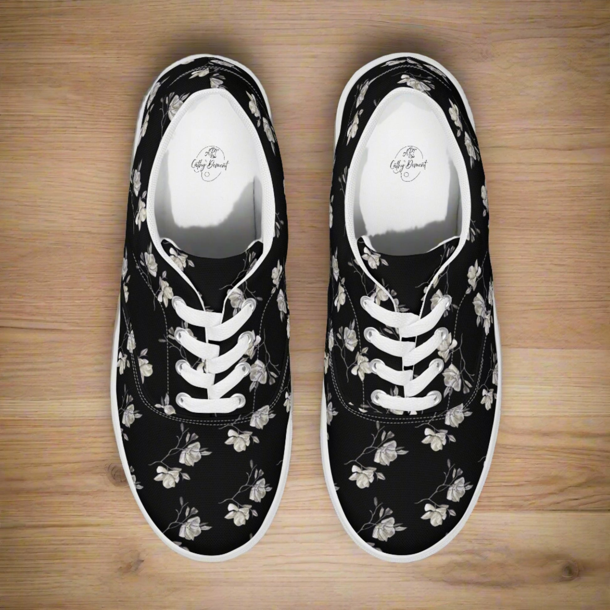 Midnight Magnolias: Monochrome Watercolor Artwork, Wearable Art, Women’s lace-up canvas shoes